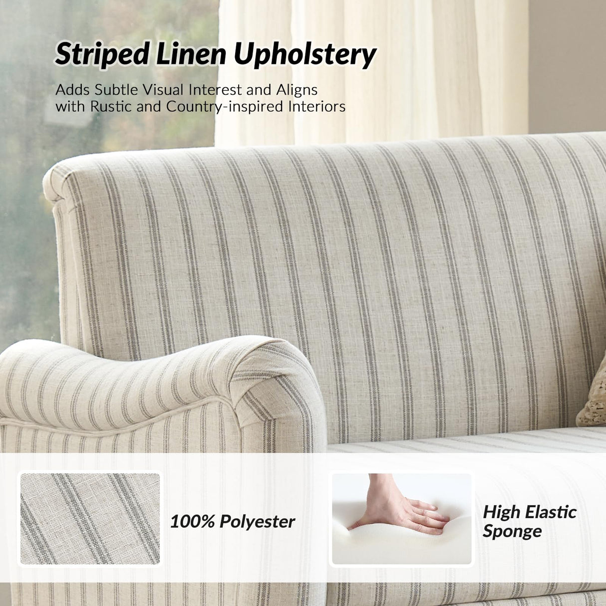 HULALA HOME 50.5" Loveseat Sofa with Stripe Pattern, 2 Seater Farmhouse Sofa with Rolled Wide Armrests and Rubber Wood Legs, Comfy Upholstered Small Couch for Living Room Bedroom, Stripe HULALA HOME