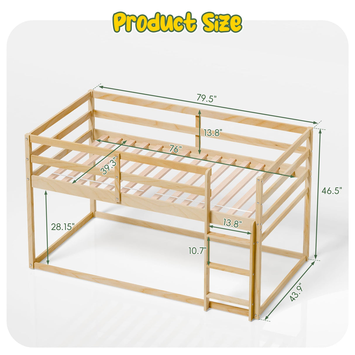 Xilingol Low Bunk Bed for Kids, Floor Bunk Bed Twin Over Twin, Wooden Bunk Bed Frame with Full Guardrails, Twin Bunk Bed for Bedroom, Dorm (Natural) Xilingol