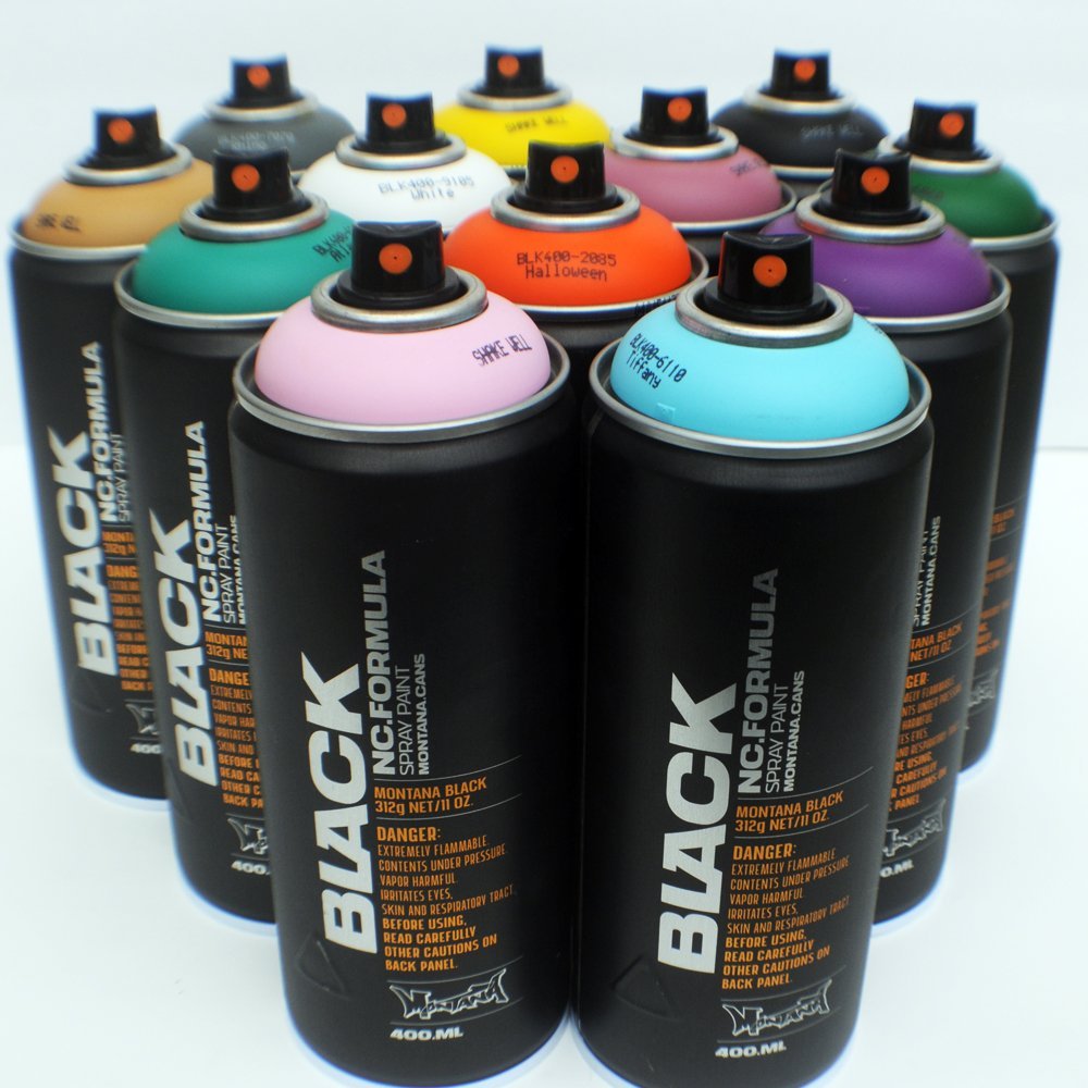 Montana Black 400ml Complementary Colors Set of 12 Graffiti Street Art Mural Spray Paint Montana Black
