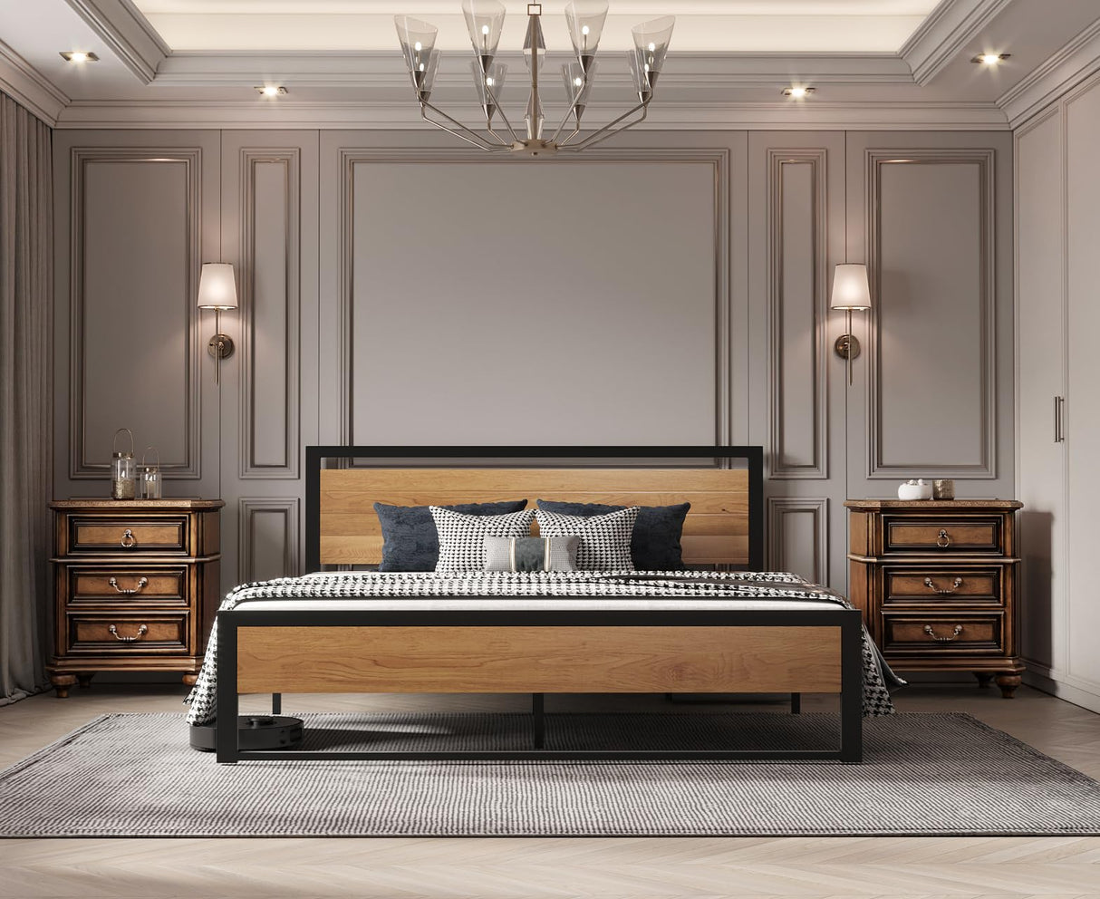 BONSOIR Queen Size Steel Platform Bed Frame with Wooden Headboard and Footboard BONSOIR