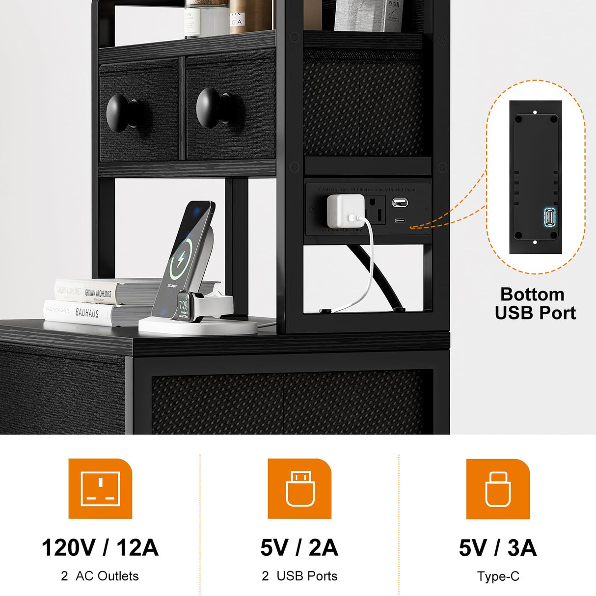 REAHOME 41 Inch Tall Nightstand with Charging Station, LED Night Stand with 6 Fabric Drawers, Bed Side Table with 3-Tier Wood Storage Shelves for Bedroom, Office, Small Spaces, Dark Gray REAHOME