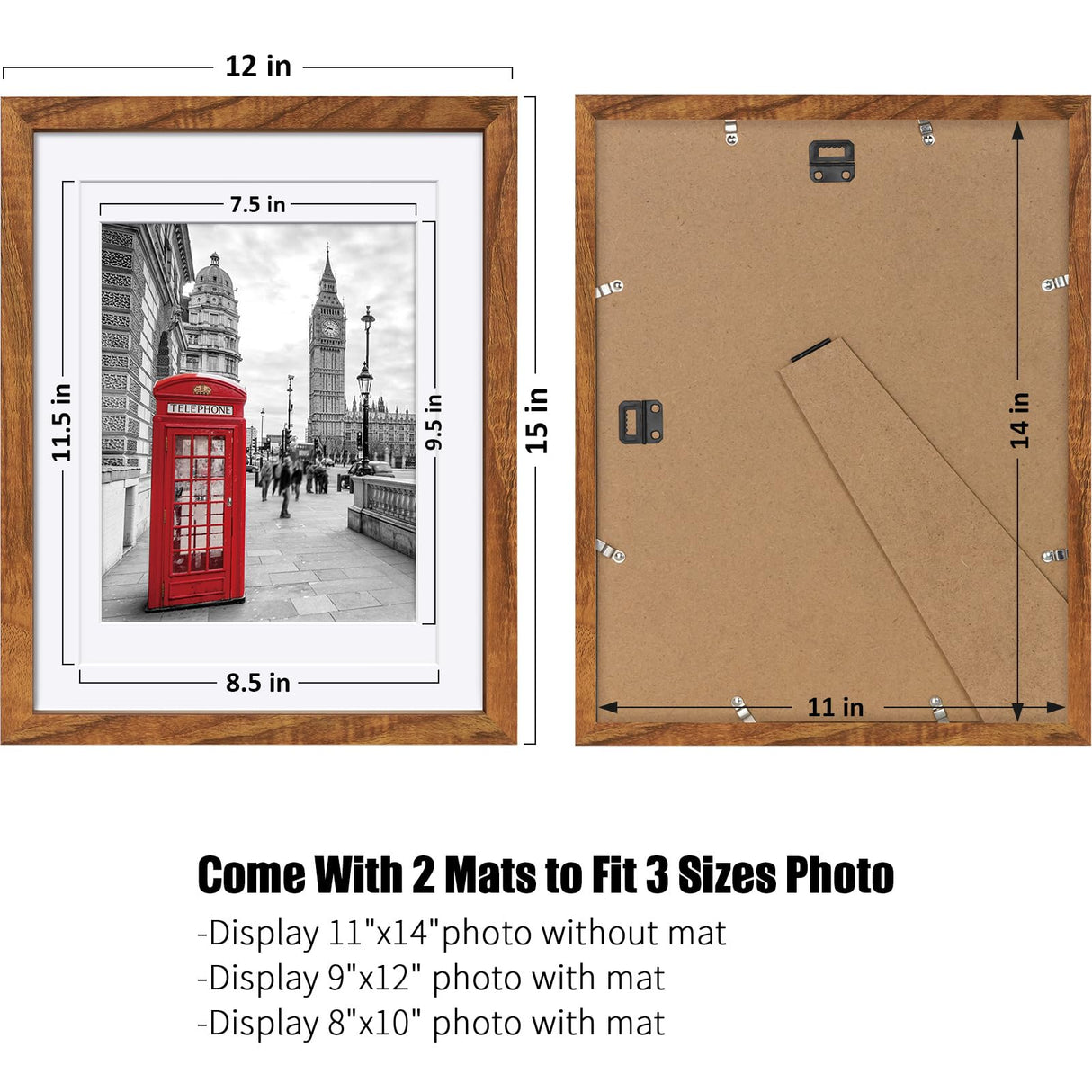 11x14 Picture Frame Solid Wood Display 8x10 Picture Frame or 9x12 with Mat or 11x14 Frame without Mat - Photo Frame 11x14 inch with 2 Mats for Wall Mounting or Table Top Tiblue