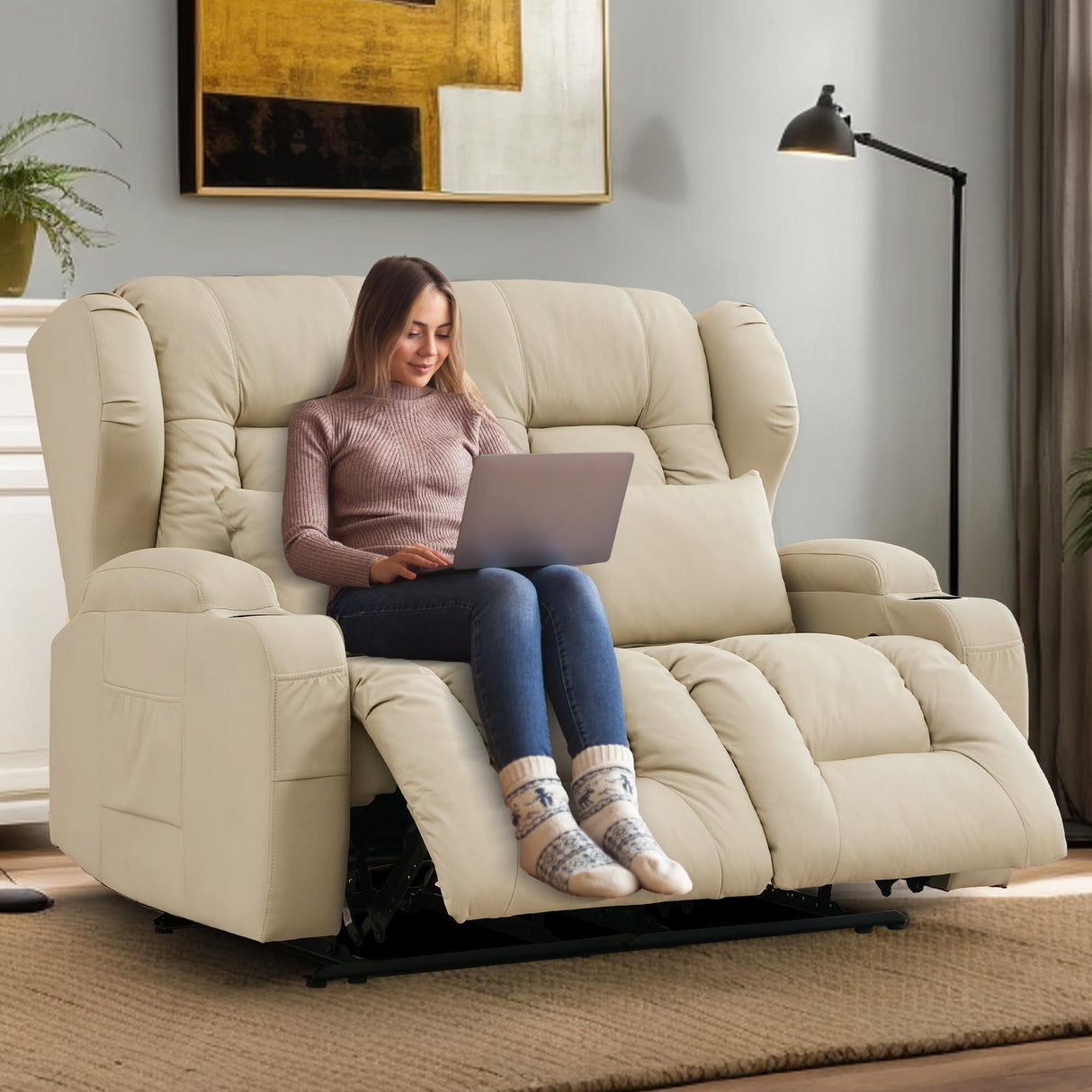 TUNYI 54.3" Loveseat Recliner Sofa - Manual Reclining Loveseat Faux Leather Home Theater Seating with Cup Holder/Pillow for Living Room, Apartment (Beige, Loveseat) TUNYI