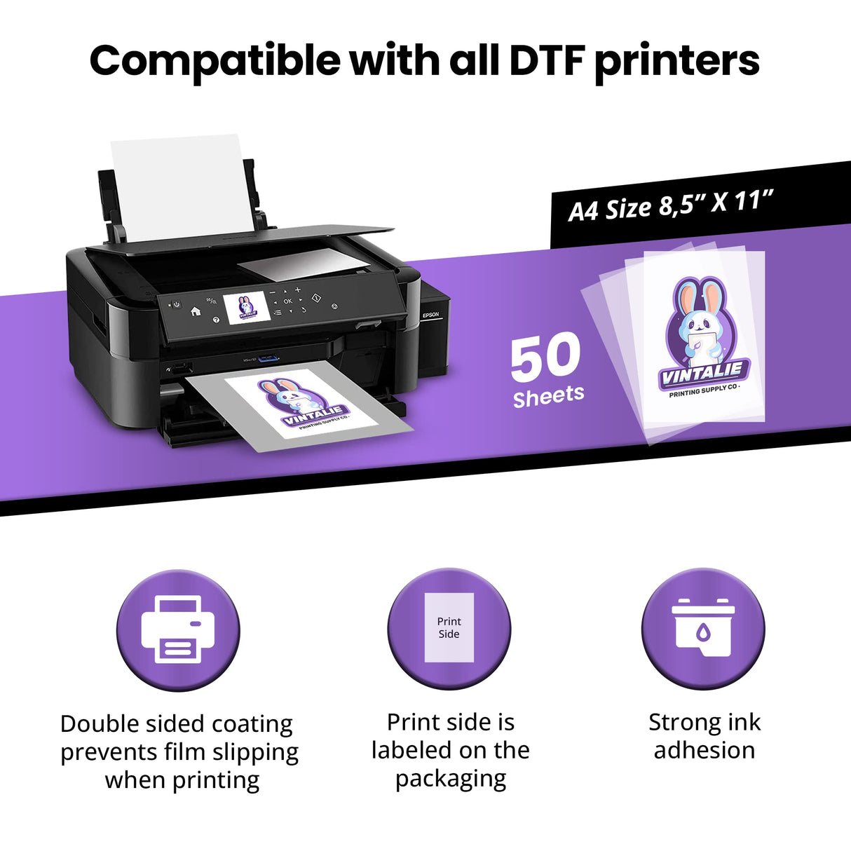Vintalie DTF Transfer Film – A4 (8.5”x11”)50 Sheets Matte Double Sided DTF film for Epson/Inkjet printers,Heat Transfer Paper for light and dark fabrics,Direct to Film for sublimation Vintalie