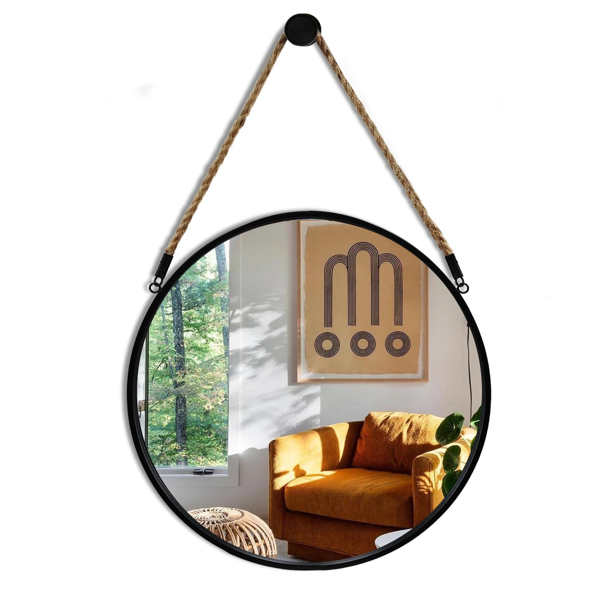 POZINO Round Mirror, 15" Rope Hanging Mirror, Farmhouse Circle Mirrors, Black Metal Frame Wall Mirrors for Bathroom, Bedroom, Living Room, Entryway, Fireplace, Home Decor POZINO