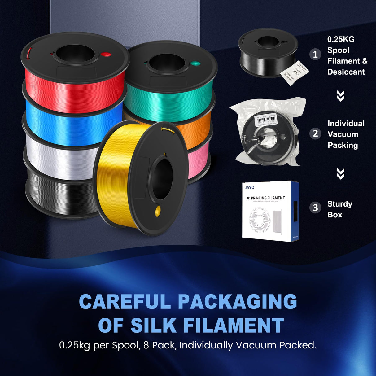 JAYO Silk PLA Filament Bundle 1.75mm, Silk 3D Printer Filament Bundle Multicolor, Individually Vacuum Packed, 8 Pack, Shiny Silk 2KG in Total, Light Gold+Silver+Black+Blue+Red+Green+Orange+Pink JAYO