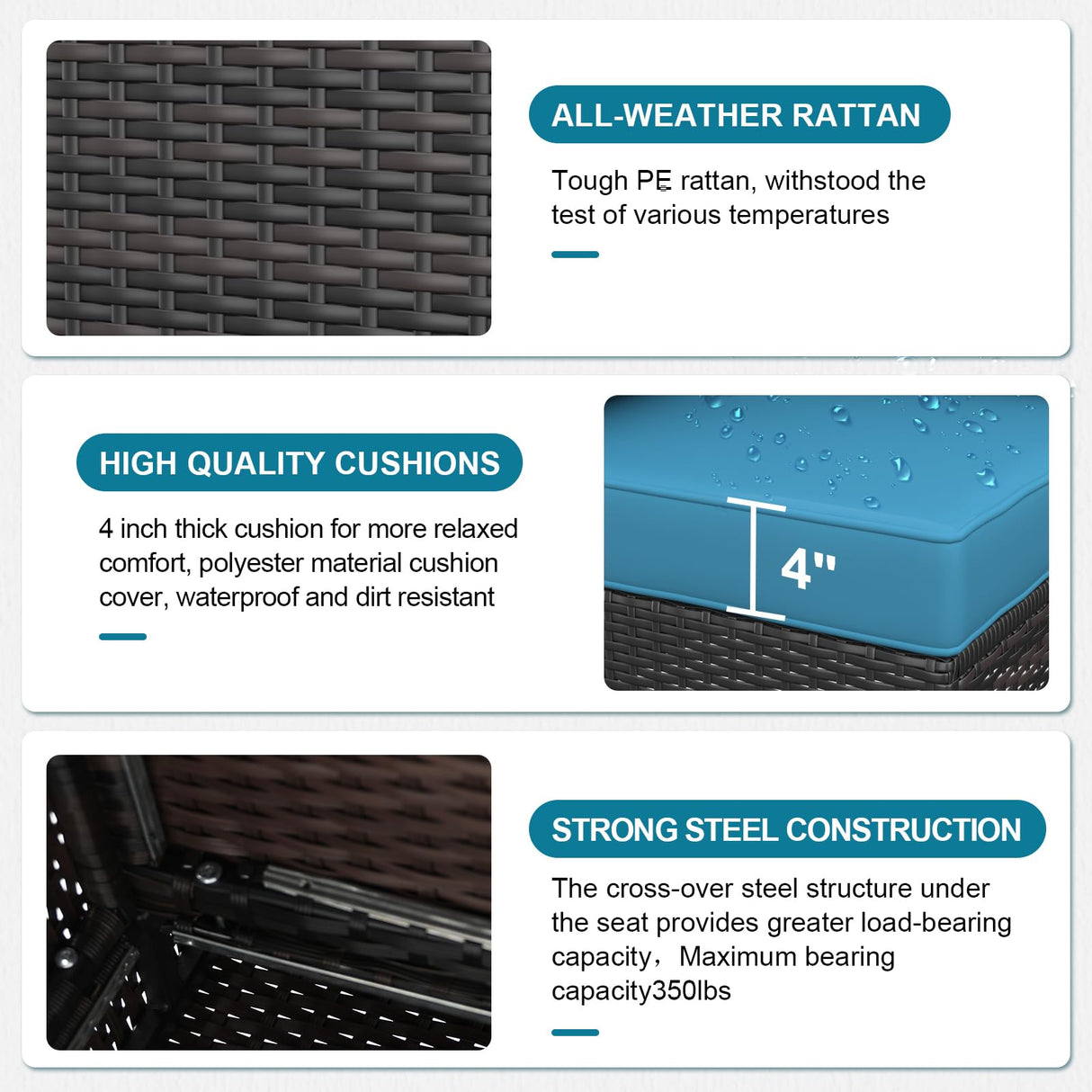 Ophelian 8 Piece Patio Furniture Set with Fire Pit Table, Wicker Outdoor Sectional Sofa Set with Thick Anti-Slip Chusions, Patio Conversation Sets for Backyard, Garden, Deck (Brown/Peacock Blue) Ophelian