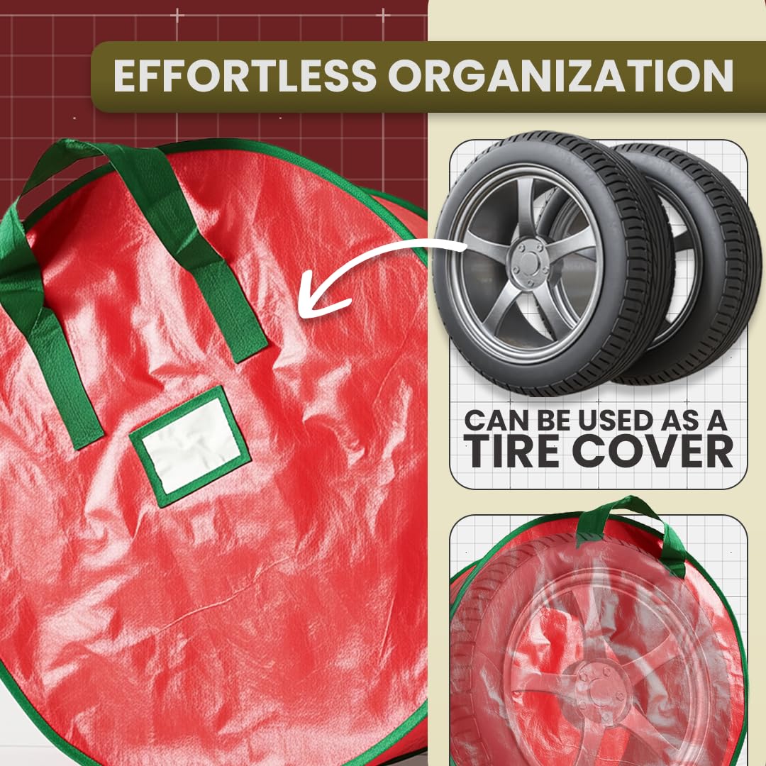 Handy Laundry Wreath Storage Bag 24" - 2 Pack Durable Waterproof Tarp Material with Zipper & Reinforced Handles - For Holiday Décor, Tires, Wheels, Garage or Moving Organization (Red) Handy Laundry