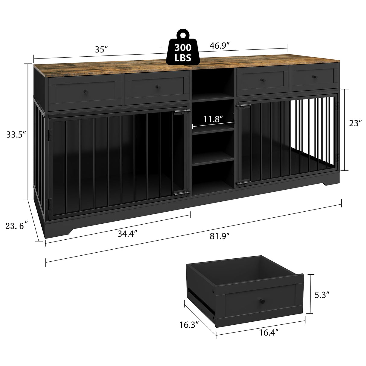 IDEALHOUSE 82” Large Dog Crate for 2 Dogs, Dog Kennel Indoor with 4 Drawers and Shelves, Double Dog Crate Furniture TV Stand, Wooden Dog Cage for Medium Large Dogs, Black IDEALHOUSE