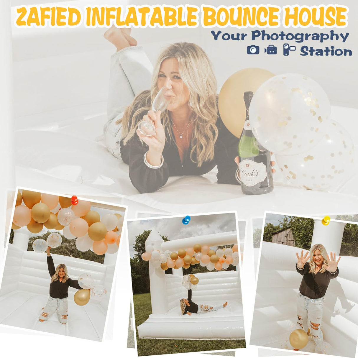Inflatable White Bounce House Castle, 13x13x10ft Large Jumper PVC Bouncy House with Blower for Toddler Kids and Adults Indoor or Outdoor Wedding Birthday Party ZAFIED