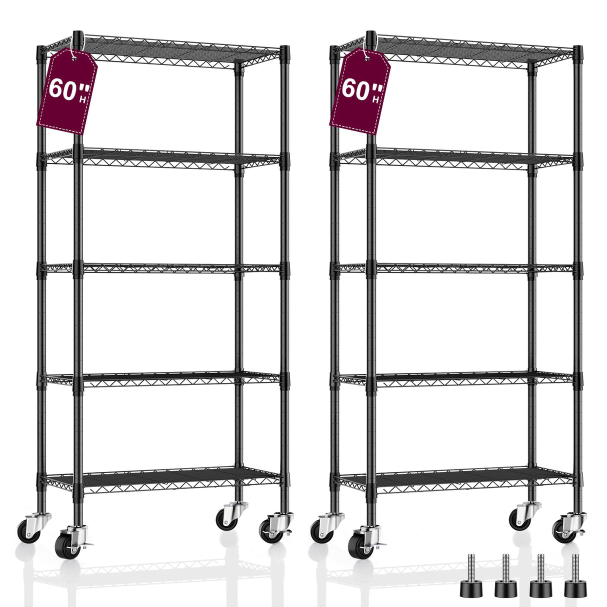 Homtura 2 Pack 5-Tier Metal Wire Shelving Unit with Wheels & Feet, 14" D x 30" W x 60" H,750 lbs Capacity Adjustable Heavy Duty Steel Wire Rack Storage Shelves for Kitchen, Garage, Pantry Homtura
