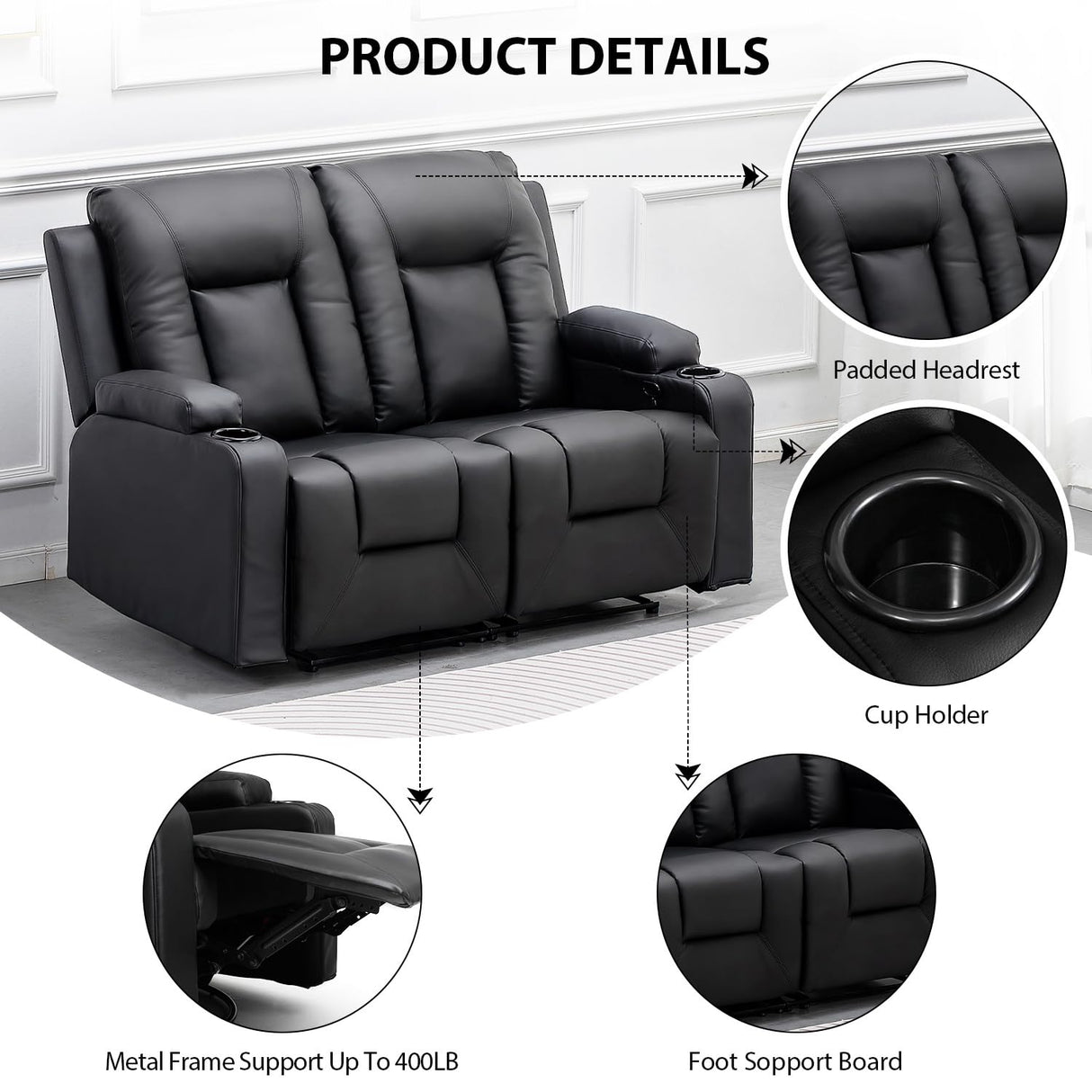 COMHOMA Leather Recliner Modern Loveseat Sofa, 2 Leather Recliner Chairs,Modern Small Sofa Couch,2 Seater PU Loveseat,Couches for Living Room with Drink Holders Living Room Chair Loveseat Sofa COMHOMA