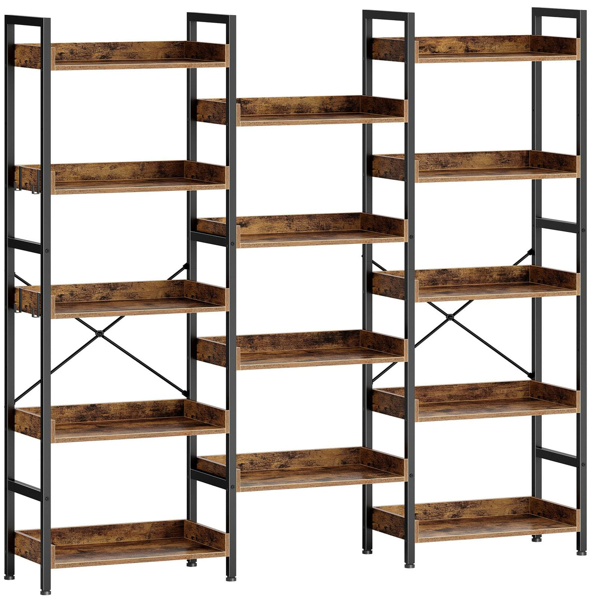 Rolanstar Bookshelf 5 Tiers with 4 Hooks, Triple Bookcase with Open Display Shelves, Industrial Wide Bookshelf with Metal Frame for Living Room, Office, Rustic Brown Rolanstar
