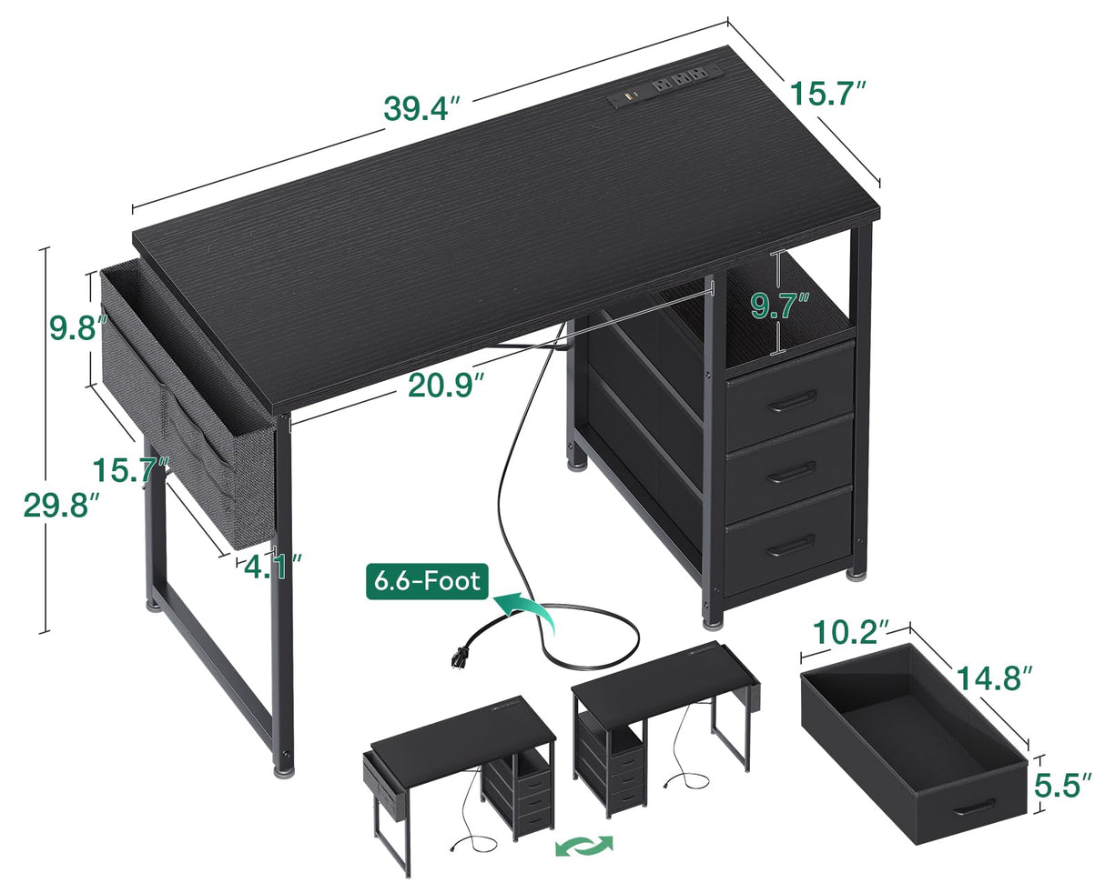AODK 32-Inch Small Computer Desk with Fabric Drawers and Charging Station, Kids Girls Teen Study Writing Desk for Bedroom, Home Office Desk with Storage Shelf & Bag, Vanity Table for Small Space,Black AODK