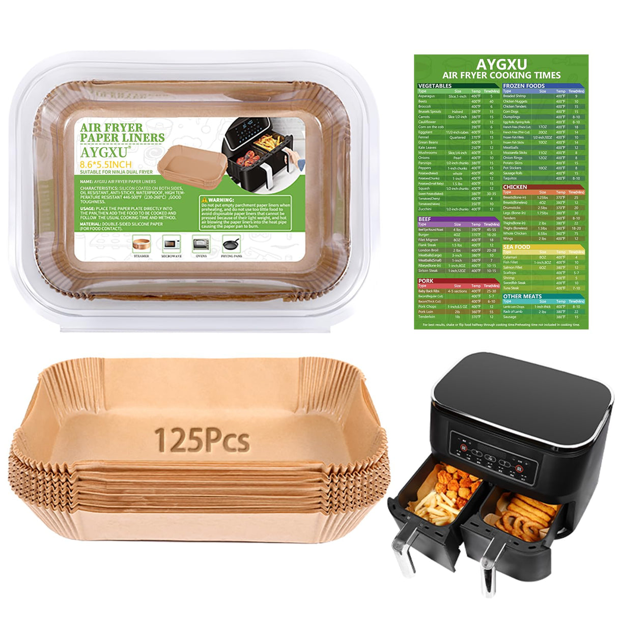 (125PCS) Air Fryer Liners, Disposable for Ninja Dual Air Fryer accessories, Parchment Paper liners rectangle 8.6''*5.5'',Air Fryer Disposable Paper Liner,With Air Fryer Accessories Cook Times. AYGXU