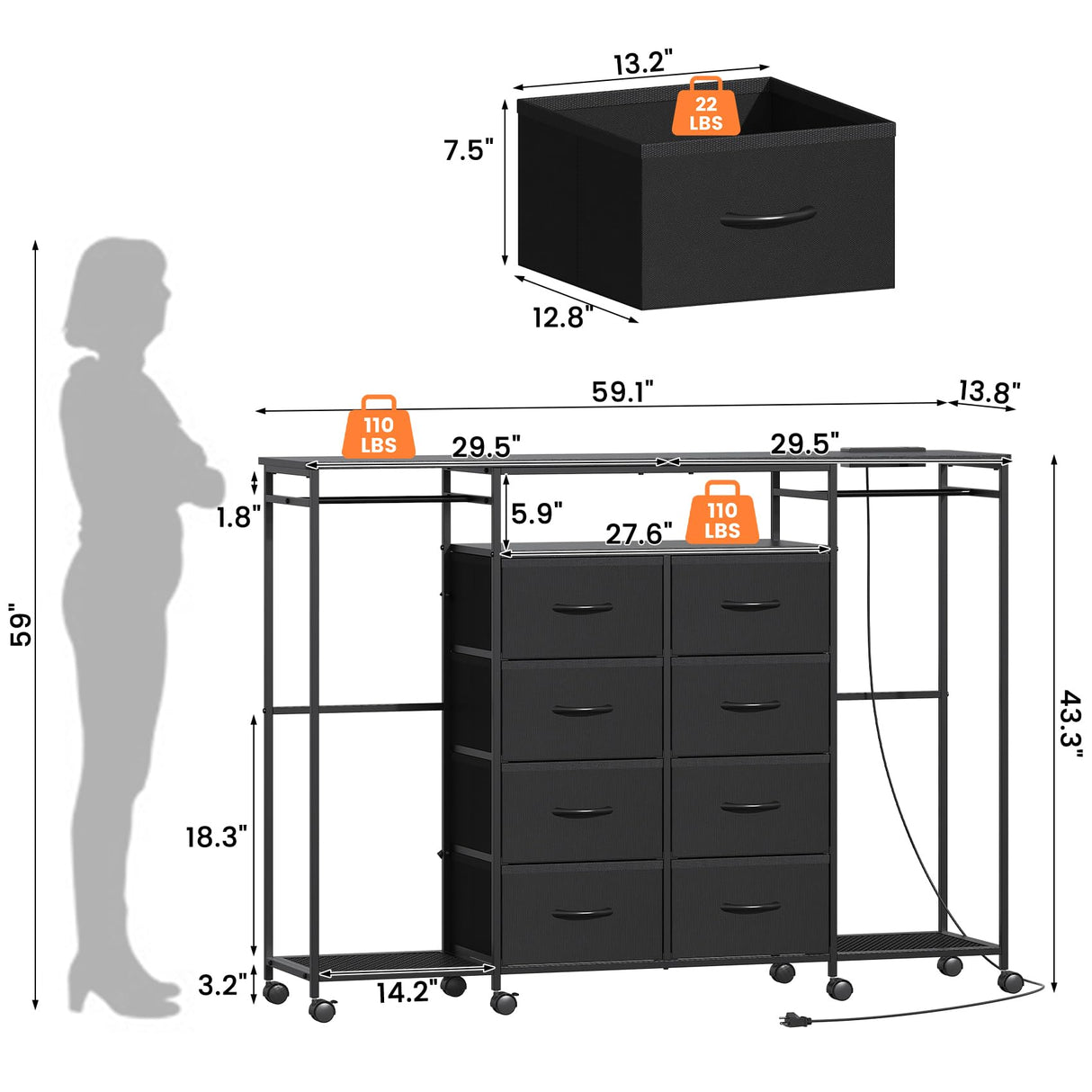 Frmobepts 59.1" W Dresser for Bedroom with Hanging Rack, 8 Drawer Dresser with LED Lights & Charging Station, Fabric Dressers with Portable Wheels,Metal Frame, Wooden Top (Black) Frmobepts