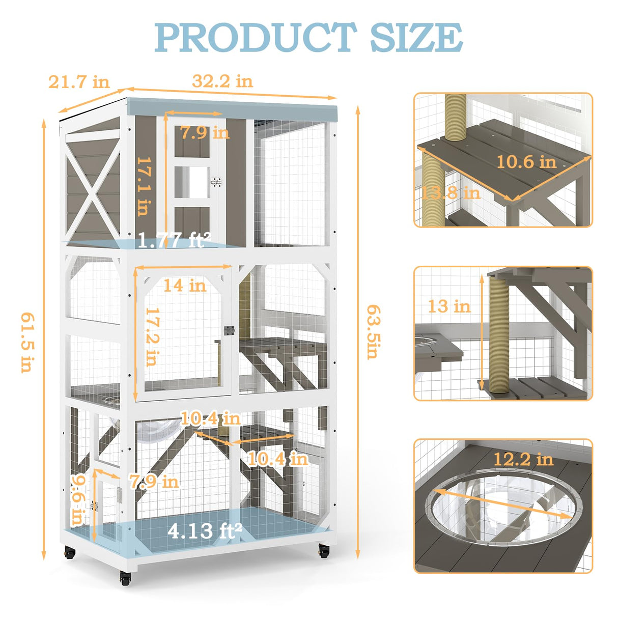 Ketive 64" Large Wooden Catio Outdoor Cat Enclosure, Window Cat House with Wheels & 3 Platforms, Kitty Cage with Weatherproof Roof for Multiple Cats (Gray) ketive