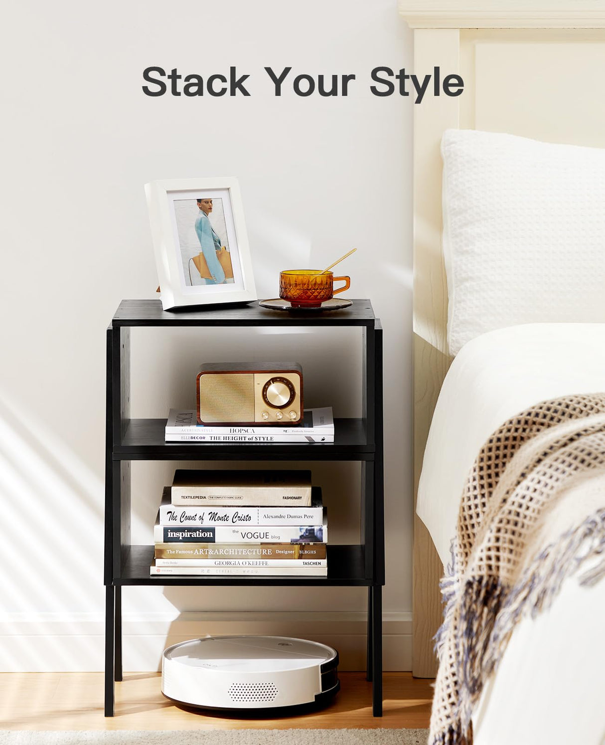 Pipishell Bedside Tables, Stackable Bamboo Nightstands, Bamboo Side Tables for Bedroom & Living Room, End Table Night Stands, Set of 2, Black,PIET01B Pipishell