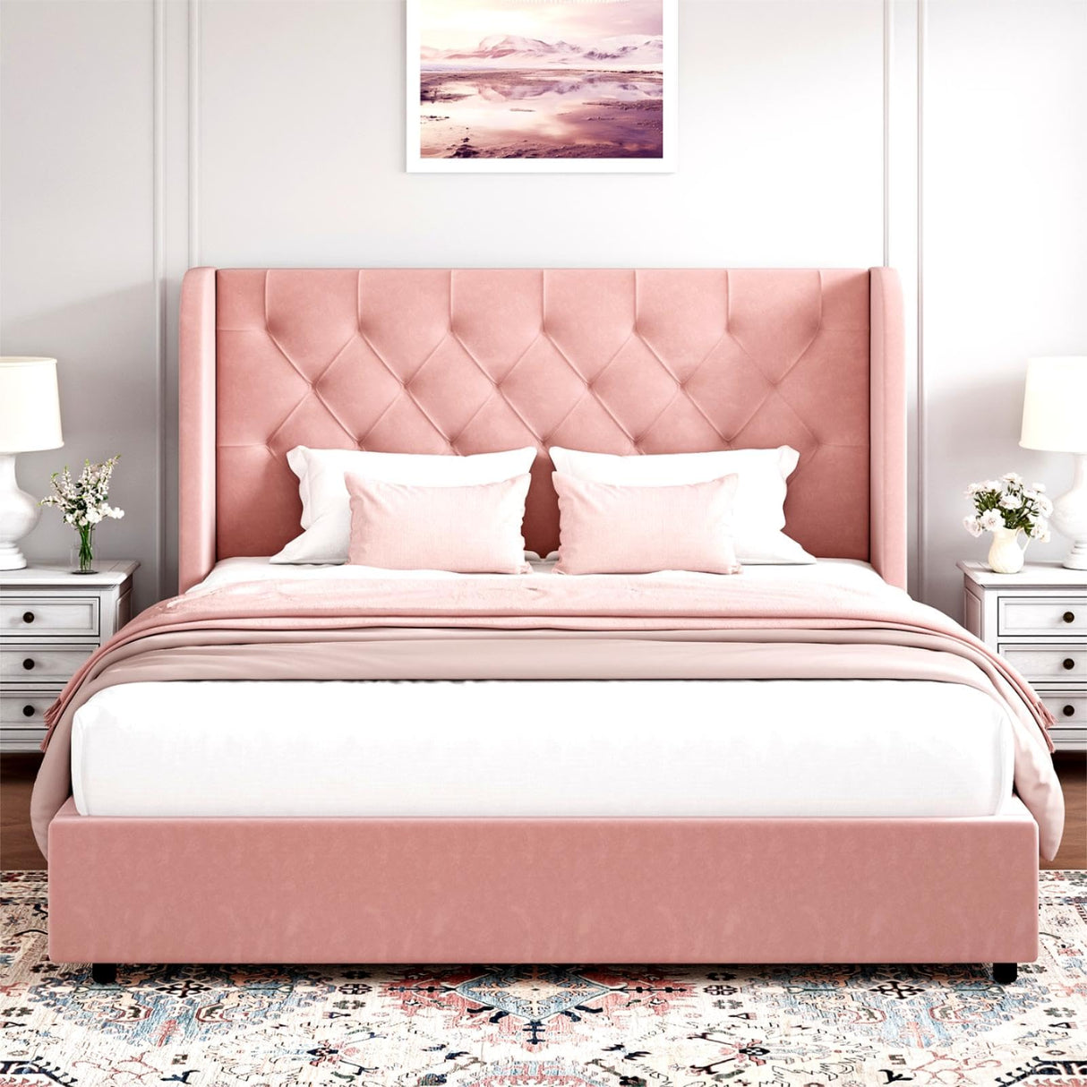 HOMBCK Queen Bed Frame, Upholstered Bed Frame with Headboard, Pink Queen Bed Frame, Wide Wingback, Soft Velvet Bed Frame, No Box Spring Needed, Noise Free, Easy Assembly, Pink HOMBCK