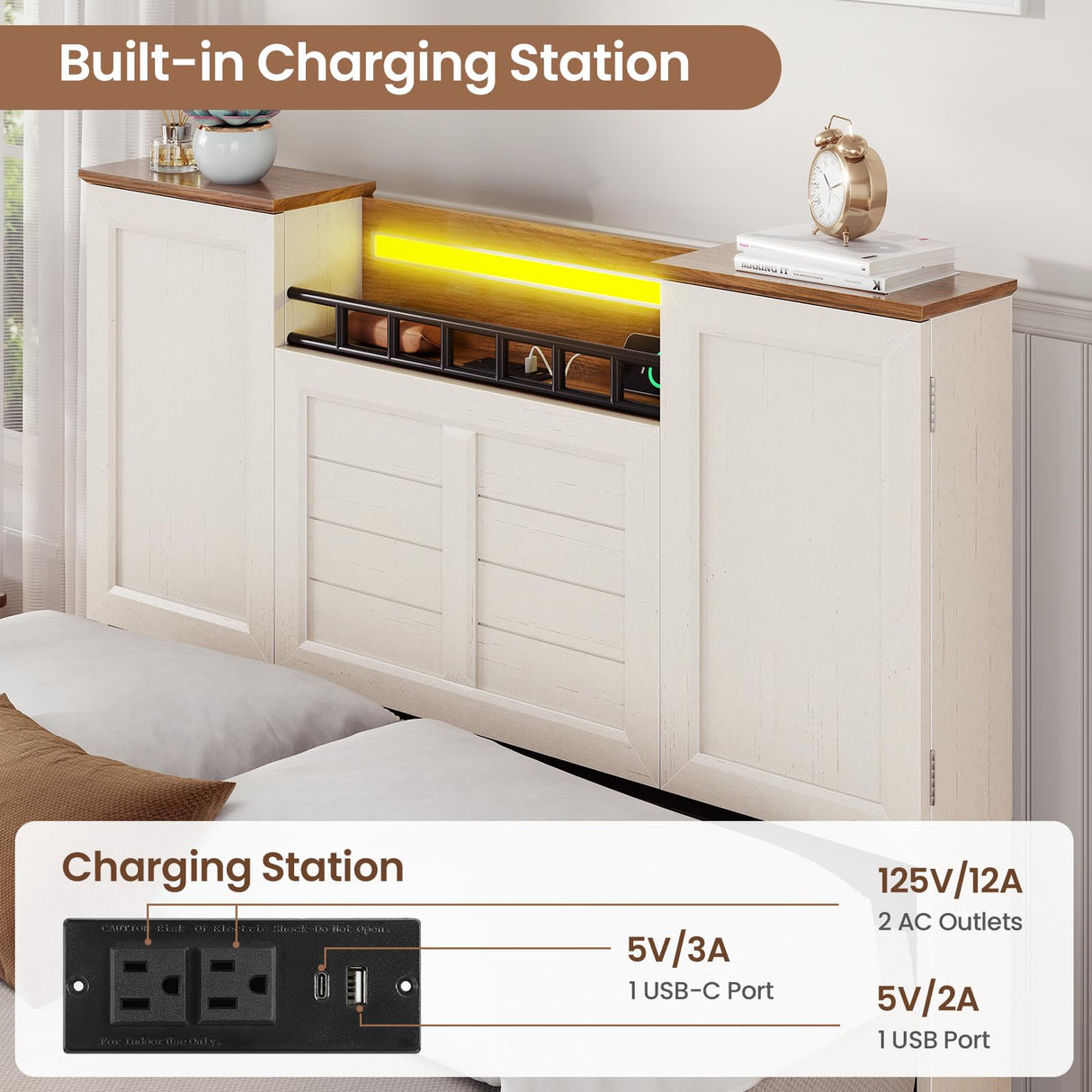 VIAGDO Farmhouse Twin Bed Frames with Headboard and Double Barn Door Storage Cabinets, Rustic Wooden Bed Frame Twin Size with Charging Station, 4 Drawers and LED Lights, No Box Spring Needed, White VIAGDO