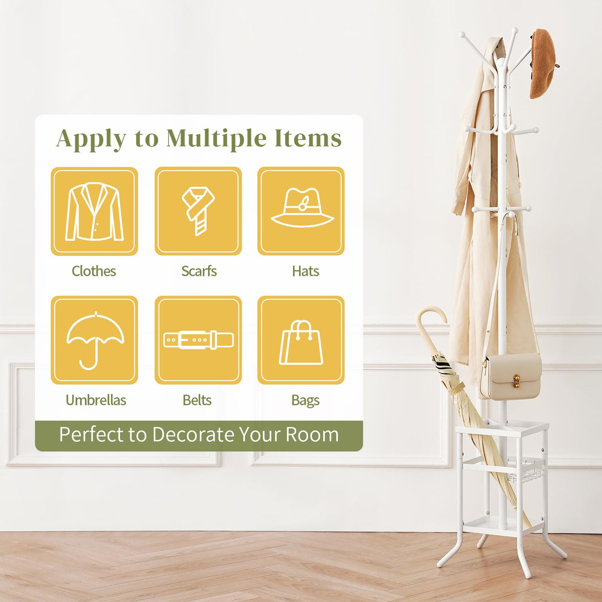 Yoobure Coat Rack Freestanding, Coat Tree with Umbrella Holder, Metal Coat Rack Stand with 12 Hooks, Modern Coat Hanger Stand for Entryway, Purse Rack Hat Rack Stand for Living Room Bedroom Office Yoobure