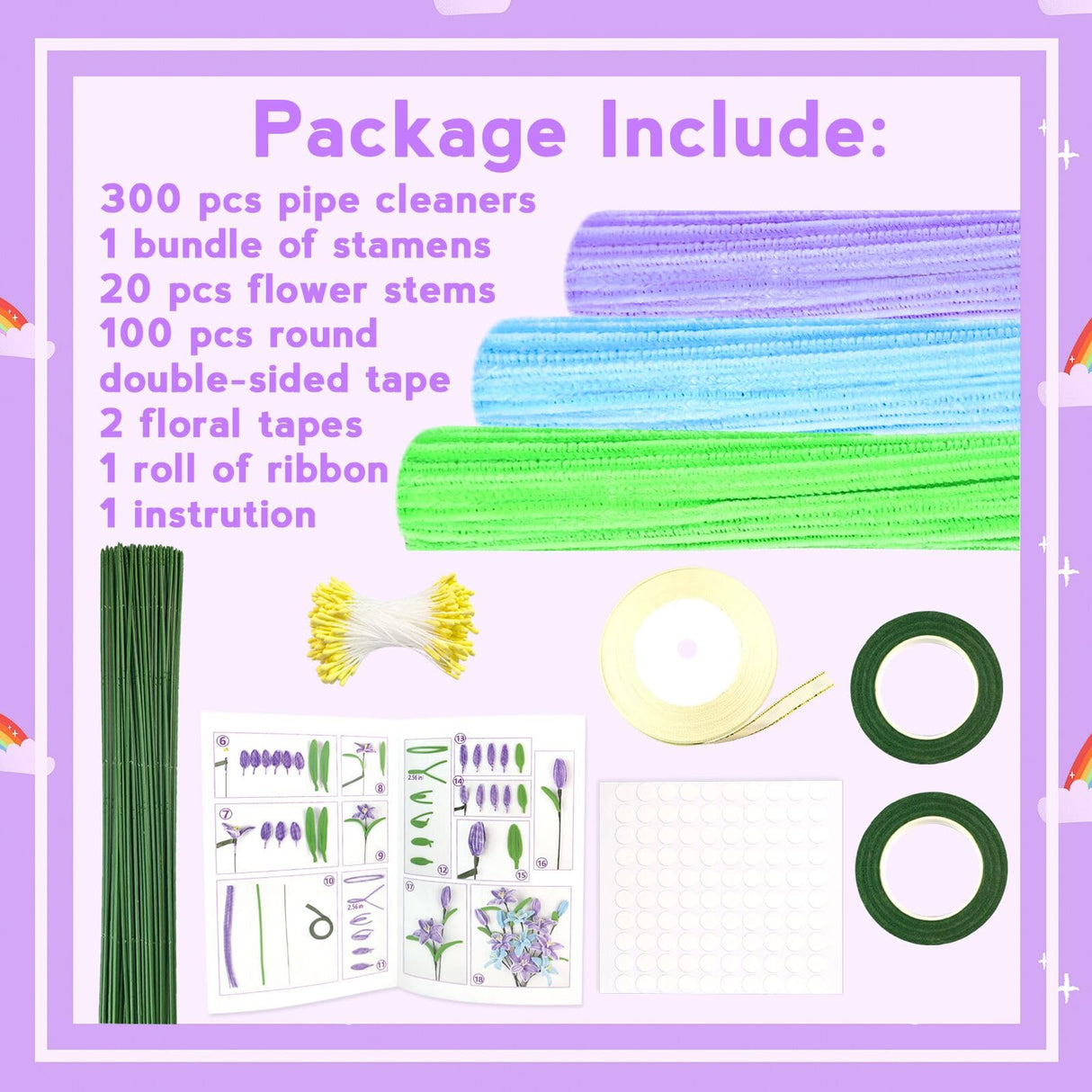ZEIZHUBN 300 Pieces Pipe Cleaners, Pipe Cleaners Flower Bouquet Kit, Flower Making Kit with Floral Wires Tape, Art and Craft Supplies Projects DIY Decoration Holiday Party Birthday Gifts ZEIZHUBN