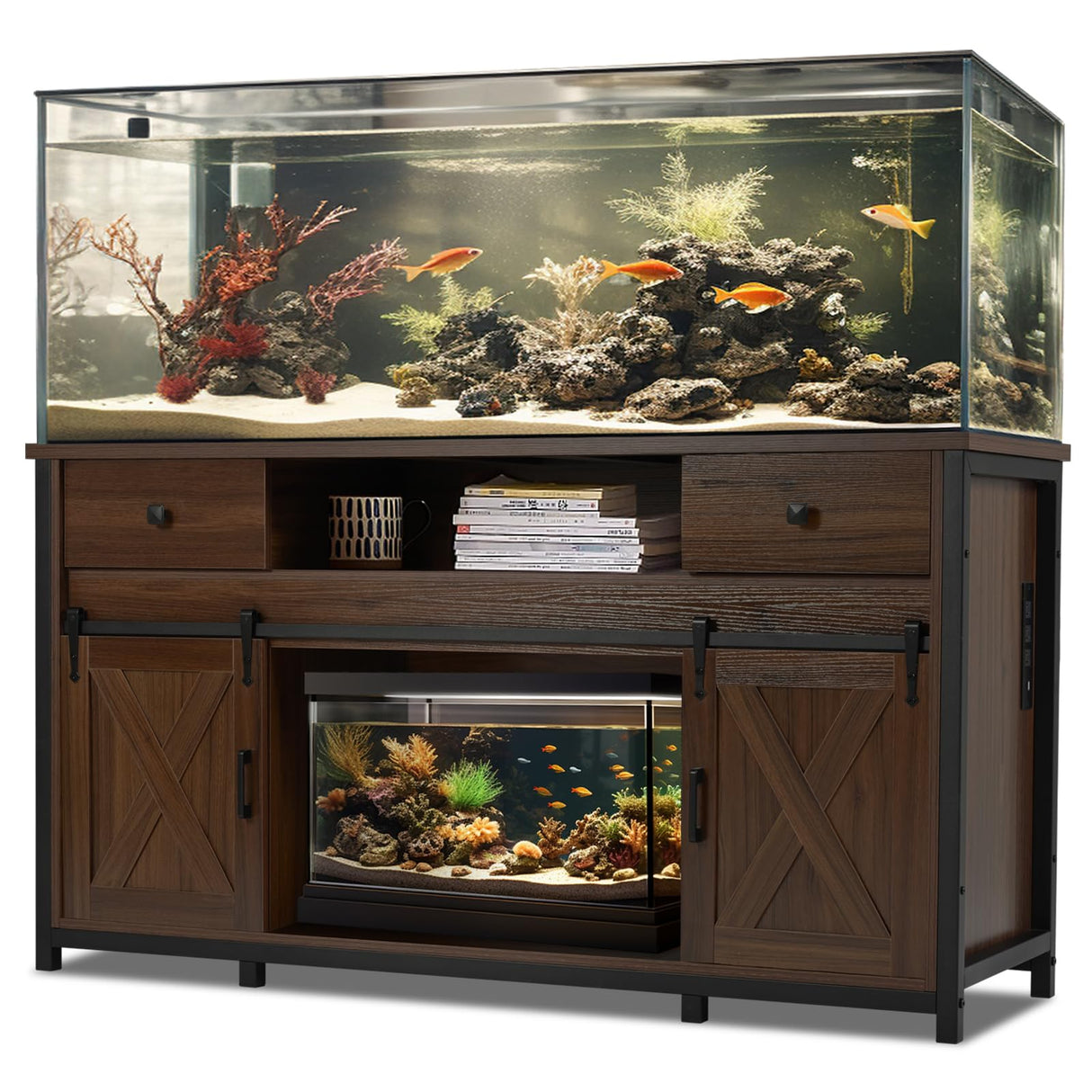 Fantico 75-120 Gallon Aquarium Stand with Power Outlets - Dual Aquarium Support, Cabinet Storage, Thick Hardwood Top, Versatile Socket with Adjustable Panels, 1200 lbs Capacity, Rustic Brown Fantico