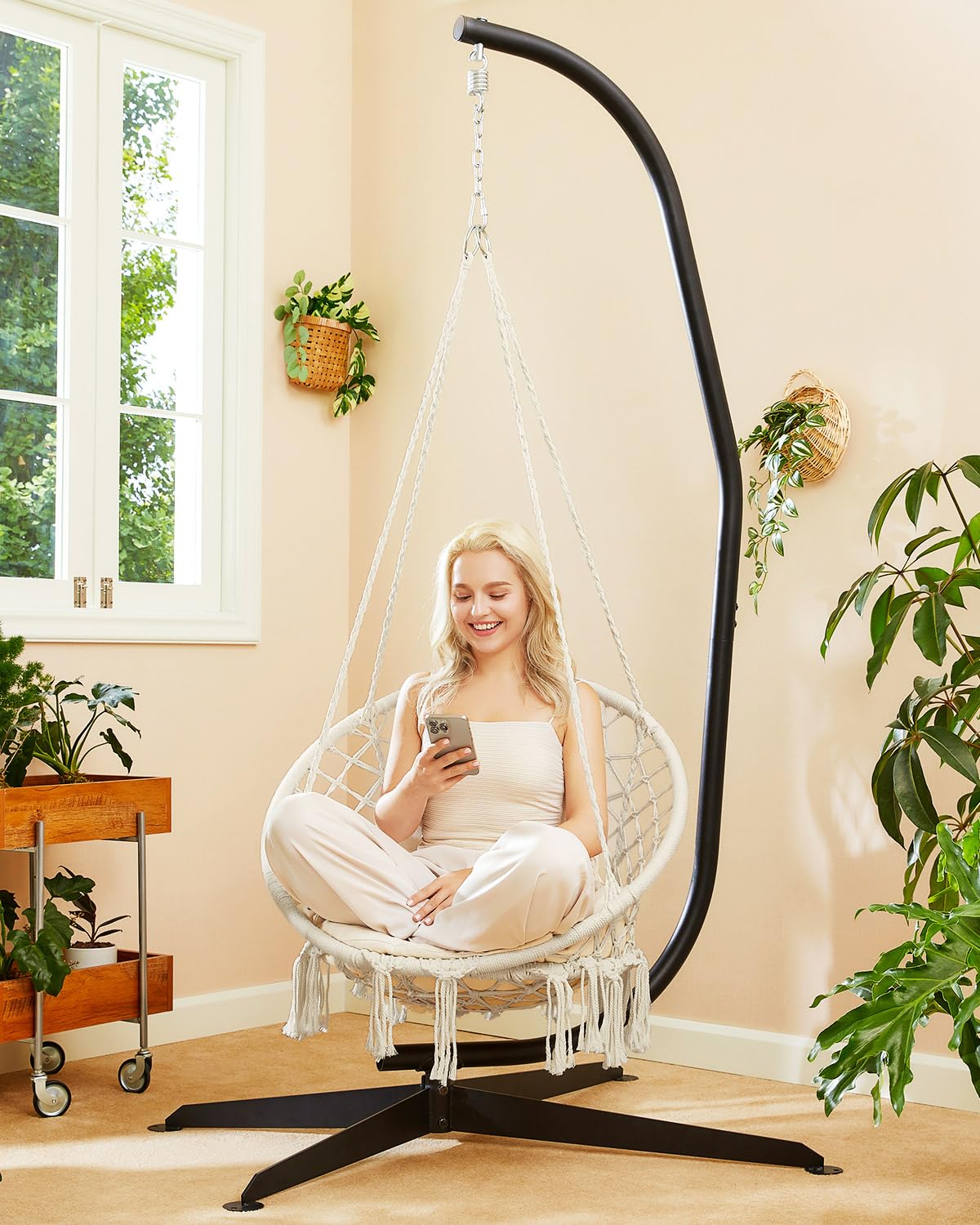 Greenstell Hammock Chair, Macrame Swing Chair with Comfy Cushion, Boho Hanging Chair for Outdoor & Indoor, Perfect for Bedroom, Patio, Balcony, Hold up to 330Lbs, Beige GREENSTELL