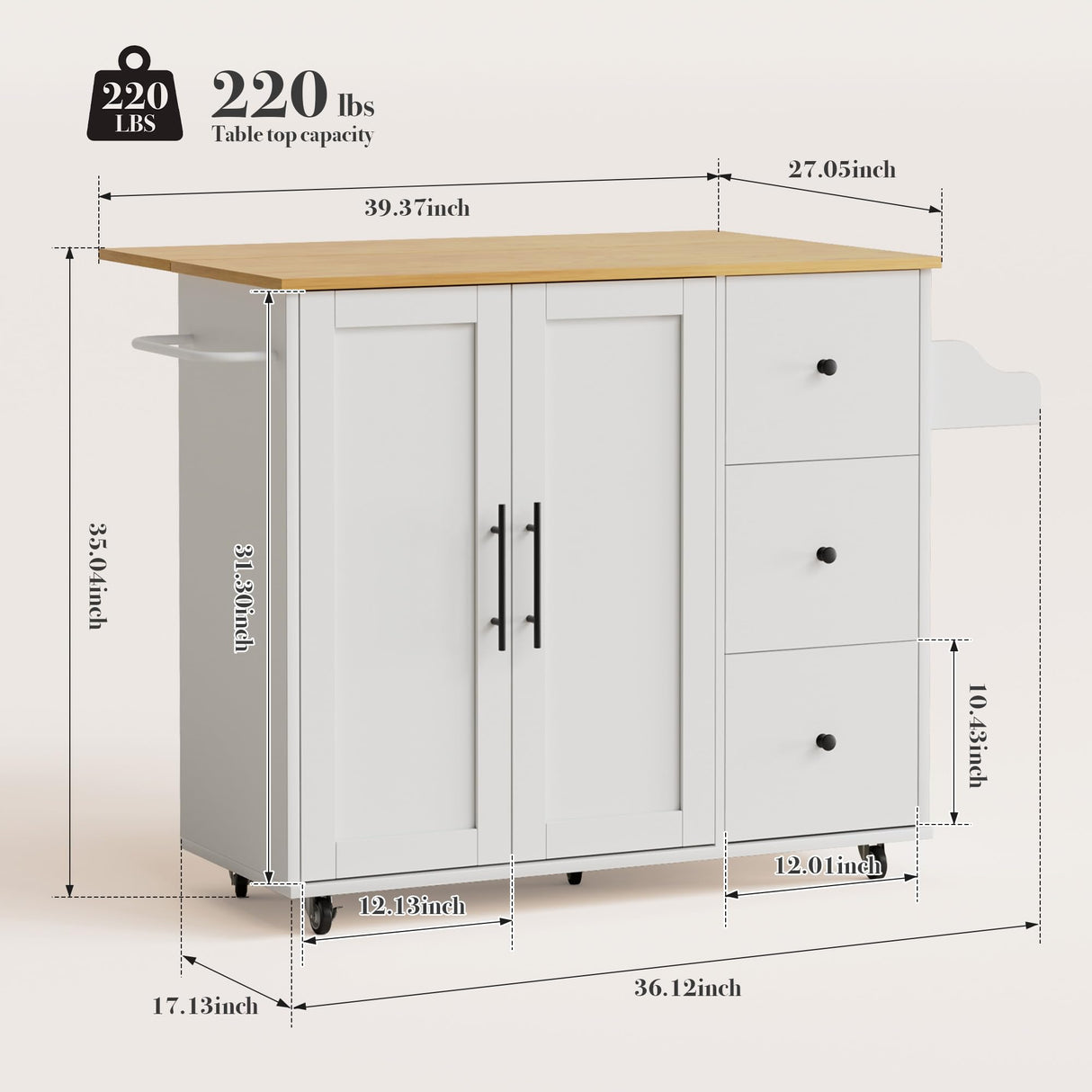GRUSIGN Kitchen Island with Storage, Rolling Kitchen Cart with 3 Drawers Kitchen Storage Cabinet on Wheels with Inner Adjustable Shelves for Dining Room/Living Room Thicker,39.37" L X 20.05" W, White GRUSIGN