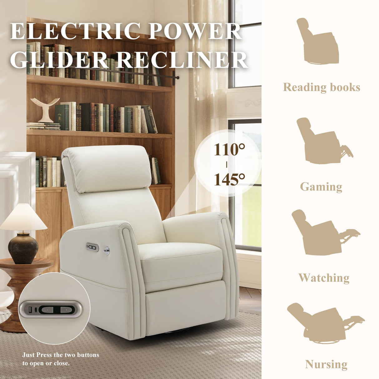 COLAMY Modern Electric Power Swivel Recliner Chair, Beige Leather, 270 Swivel 145 Recline, Built-in Charging Ports, Adult Relaxing Chair COLAMY