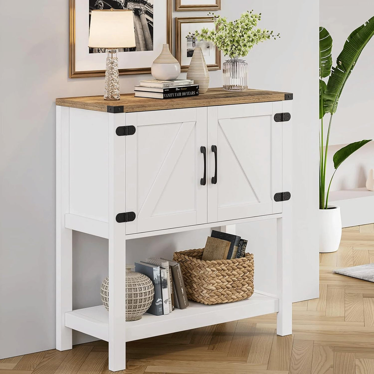Cheersstar Farmhouse Console Table with 2-Door Cabinet, Coffee Bar, Entryway Table with Storage Shelf, Sofa Tables Buffet Sideboard for Kitchen, Hallway, Dining, Living Room, White Cheersstar