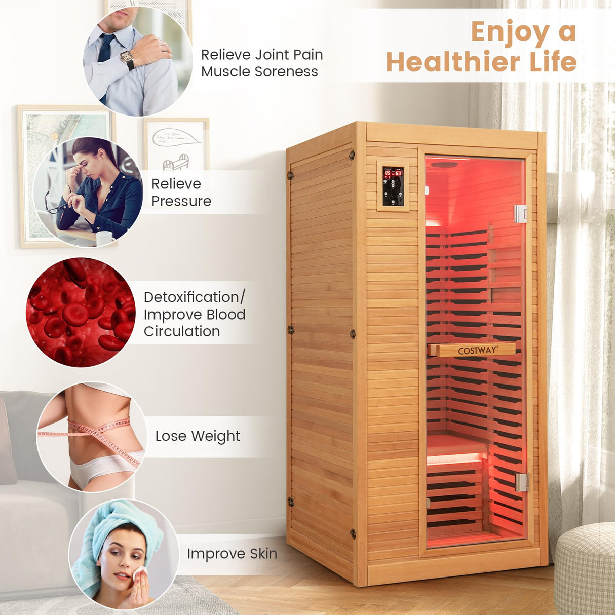 COSTWAY 1-2 Person Far Infrared Wooden Sauna Room, Canadian Hemlock Indoor Low EMF Sauna with Oxygen Ionizer, 9 Carbon Heaters, 4 Light Strips, Tempered Glass Door, Personal Sauna for Home COSTWAY