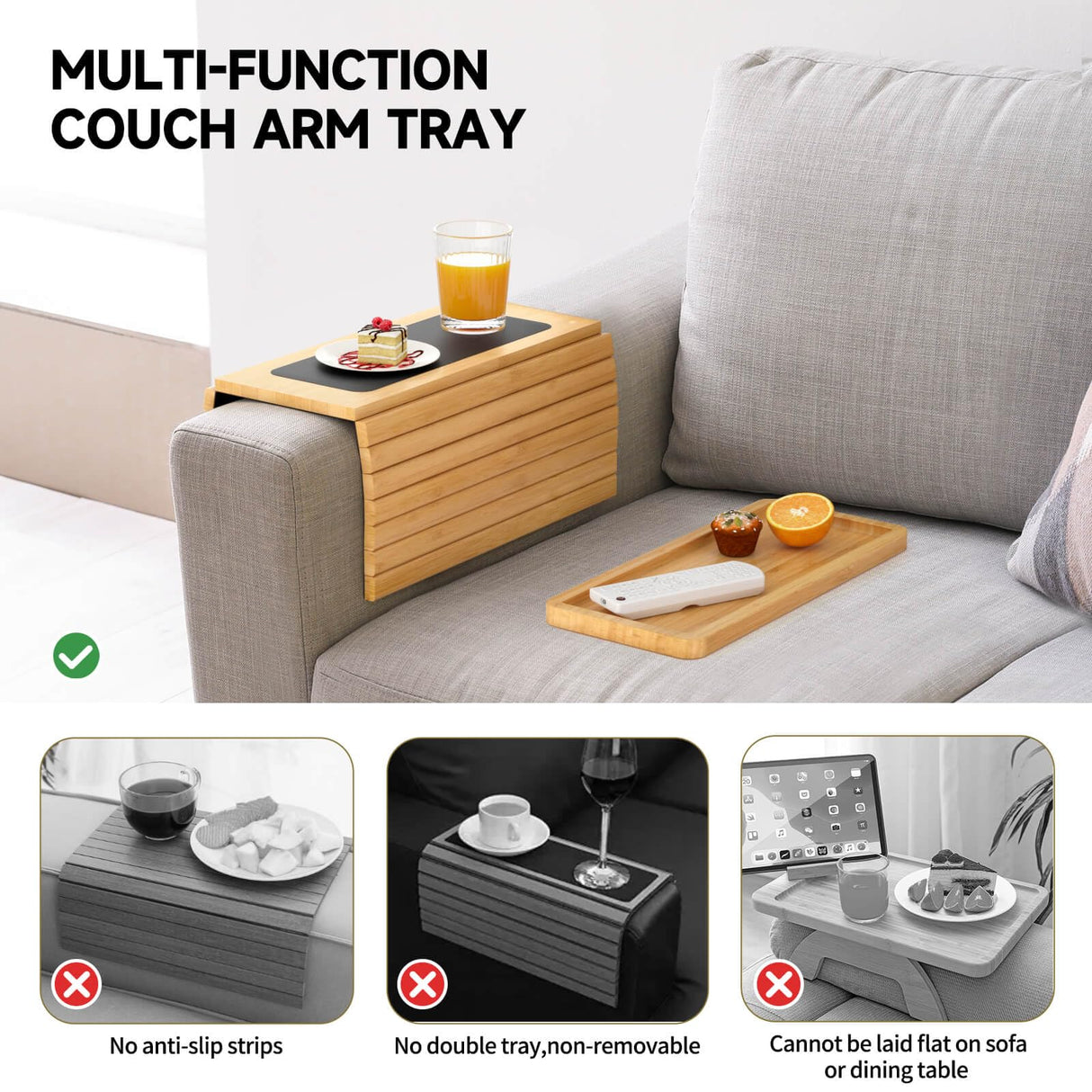 Bamboo Sofa Arm Tray Table - Couch Arm Tray with Extra Removable Tray, Anti-Slip Sofa Armrest Tray, Large Couch Cup Holder Tray for Phone, Cups, Remote, Flexible and Foldable xinyoec