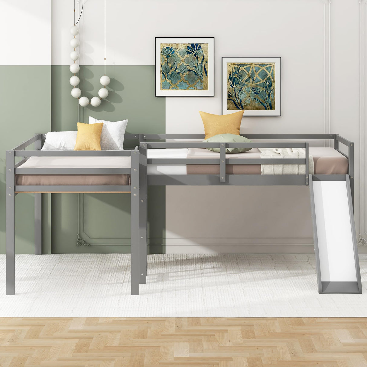 Harper & Bright Designs L-Shaped Loft Bed with Slide, Wooden Low Loft Beds for 2 Kids, Twin Size Low Loft Bed with Built-in Ladders, Gray Harper & Bright Designs