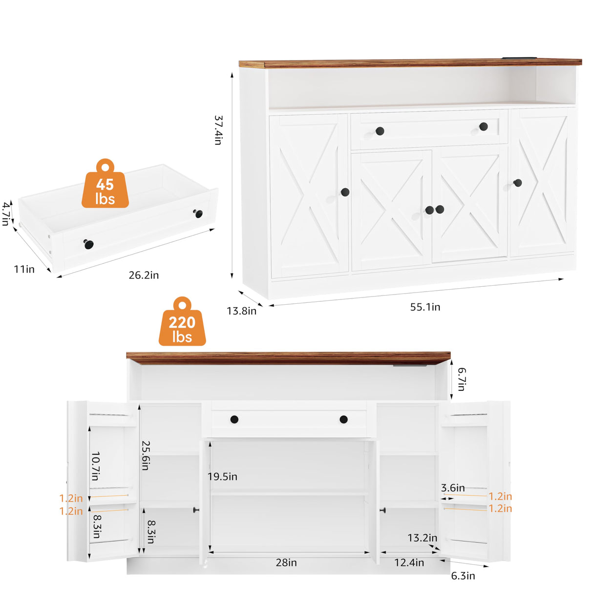 FJTJBSI 55" Buffet Cabinet with Power Outlets and Lights Large Kitchen Sideboard Buffet with Drawers Farmhouse Kitchen Storage Cabinet with Adjustable Shelves Coffee Bar Station for Coffee Bar Room FJTJBSI