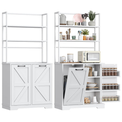 Frmobepts Kitchen Bakers Rack with Storage, 68'' Tall 6 Tier Farmhouse Pantry Cabinet with Trash Bin Cabinet, Microwave Stand Kitchen Cabinet with Hutch,White