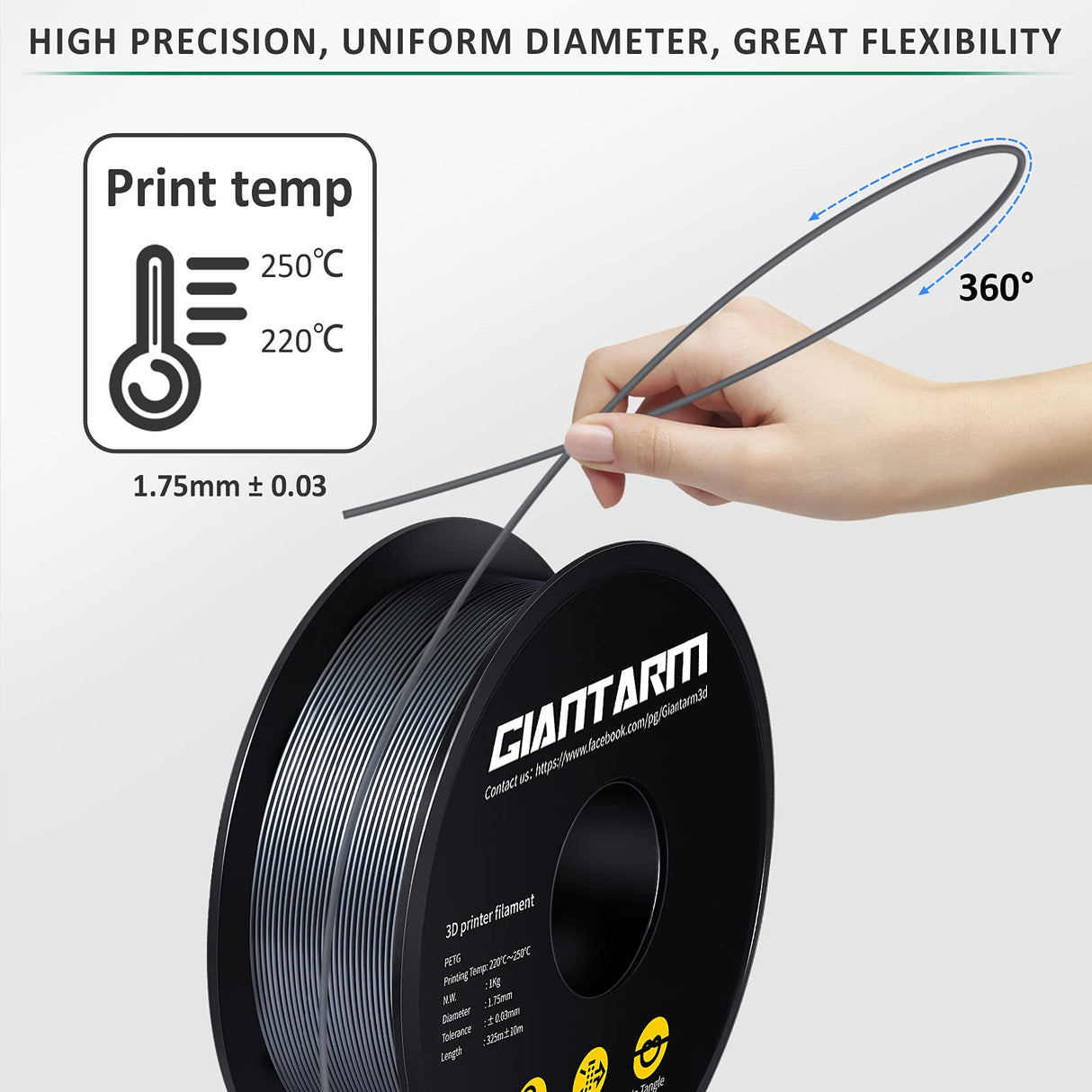 GIANTARM Silver PETG 3D Printer Filament Toughness Enhanced 1kg (2.2lbs), 1.75mm Dimensional Accuracy +/-0.03mm, 1080 Feet(330m/Roll, Vacuum Package, Fit for Most 3D FDM Printer GIANTARM