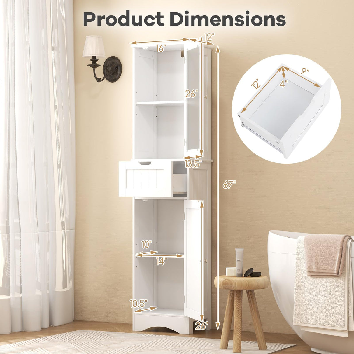 Tangkula 67" Tall Bathroom Storage Cabinet, Slim Freestanding Tower w/ 2 Doors & 1 Drawer, Narrow Floor Cabinet w/Adjustable Shelves & Tempered Glass Door for Bathroom Living Room (White) Tangkula