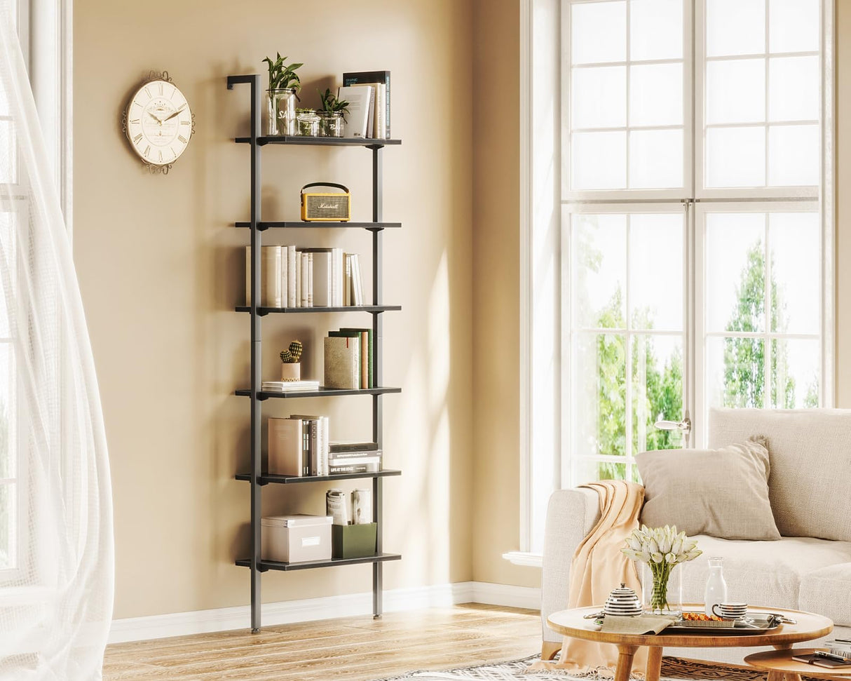 ODK 6-Tier Ladder Shelf, Book Shelf with Metal Frame, Bookcase for Living Room, Home Office, Kitchen & Bedroom, Space Saving Freestanding Organizer Rack, Black (10" D x 24" W x 87" H) ODK