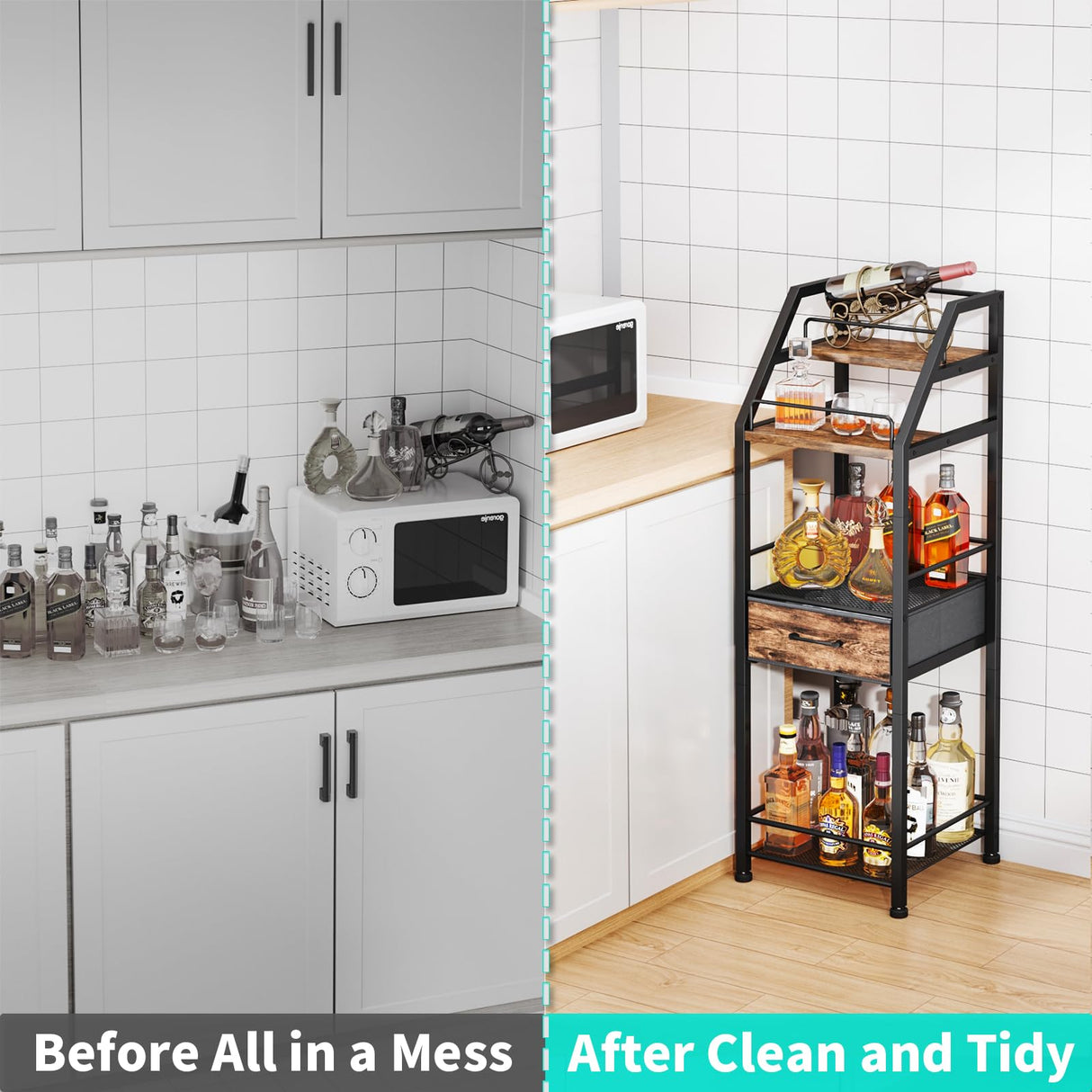 HapiRm Wine Rack Freestanding Floor - 4-Tier Stepped Liquor Cabinet Bar Stand for Home with Fabric Drawer, Wine & Glass Organizer for Living Room, Kitchen, or Dining Room HapiRm