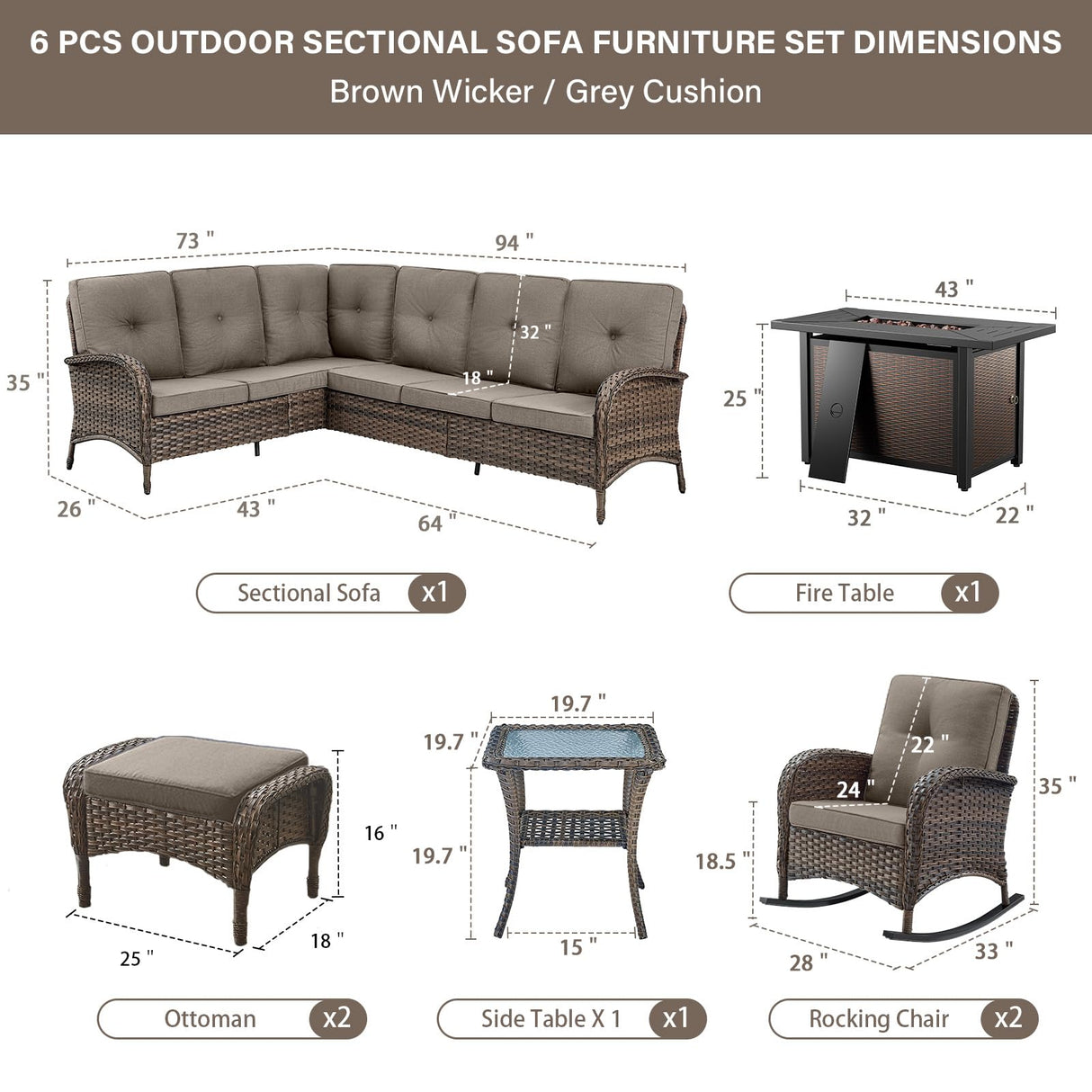 Belord 8 Pieces Patio Conversation Set with 43” Propane Fire Pit Table, Outdoor Sectional Furniture Sofa Set with Removable Gray Cushions for Patio Deck Backyard Brown Belord