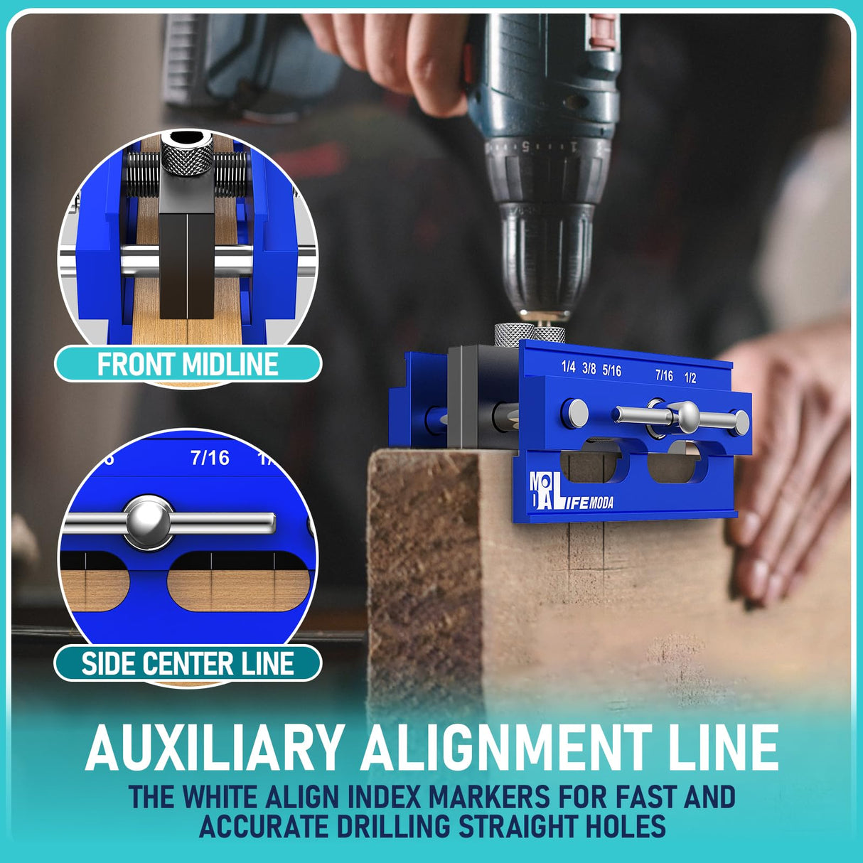 LIFEMODA Self Centering Doweling Jig Kit, Drill Jig For Straight Holes Biscuit Joiner Set With 6 Drill Guide Bushings, Adjustable Width Drilling Guide Tool Accessory Jigs (Blue) Lifemoda