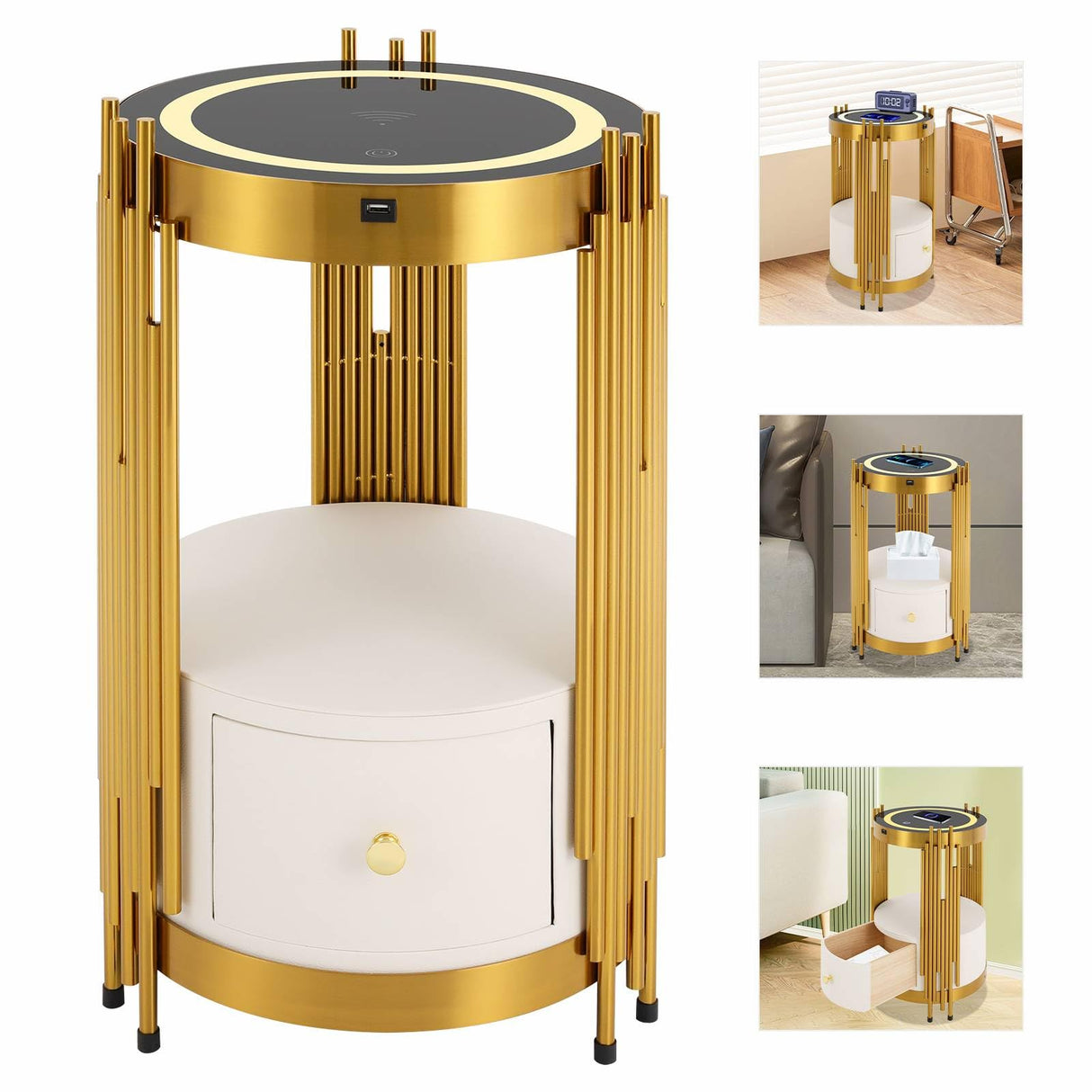Mkyiongou Dimmable Led Nightstand Gold with White Drawers, Round End Table with USB & AC Port Wireless Charging Station, Bedside Table/Side Table for Bedroom/Living Room/Coffee Table Storage Mkyiongou