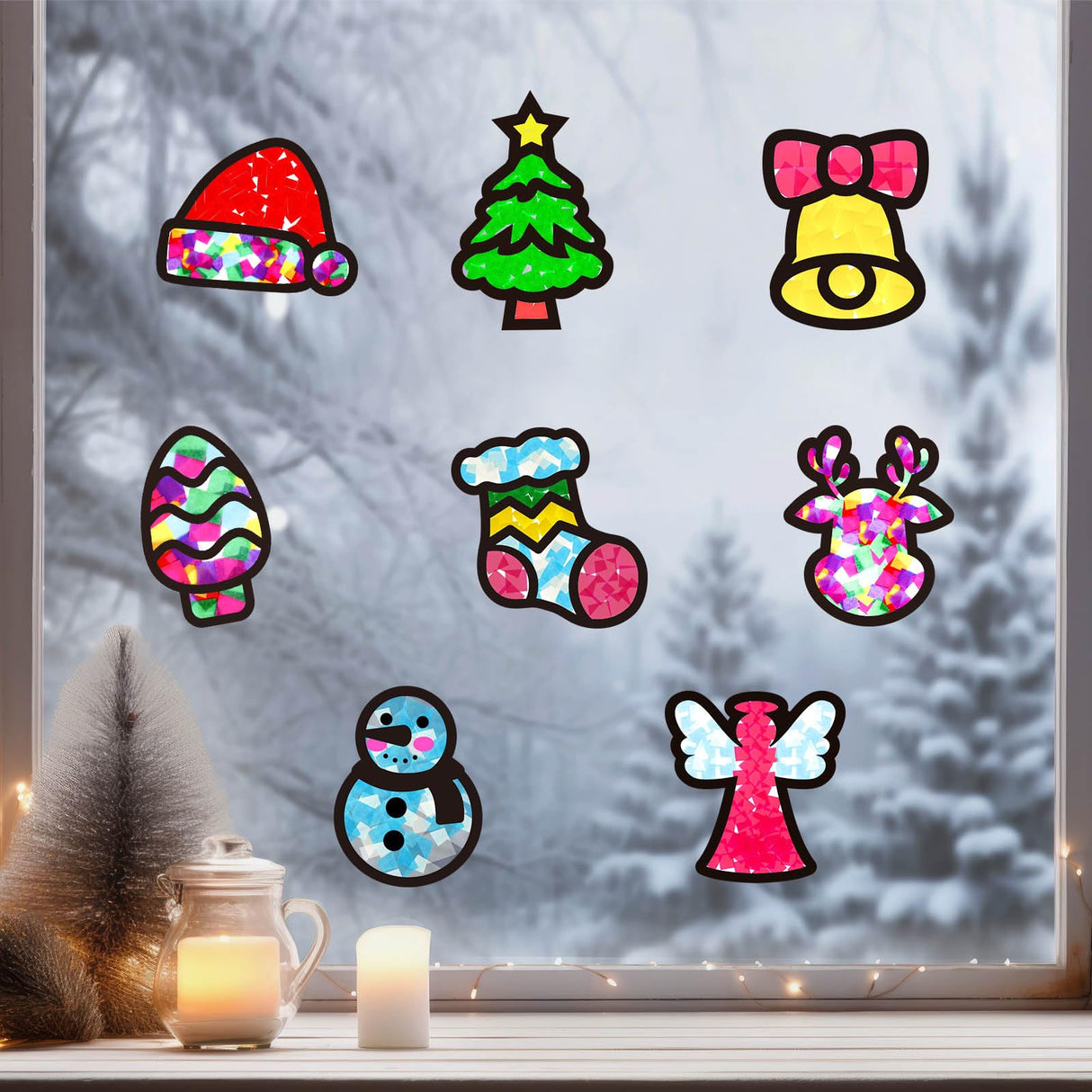32 Set Christmas DIY Craft Kits,Christmas Tissue Paper Sign Craft Kit Christmas Tree Ornaments Suncatchers Craft Craft for Winter Xmas Classroom School Decorations DIY Art Project Activities Cinrobiye