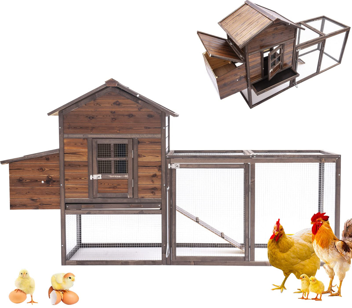 Outdoor 80'' Chicken Coop for Chickens Wooden Hen Fence,Duck,Chicken Cage with Nesting Box & Removable Tray,Small Animal Hutch for Backyard Poultry Coffe GREZJXC