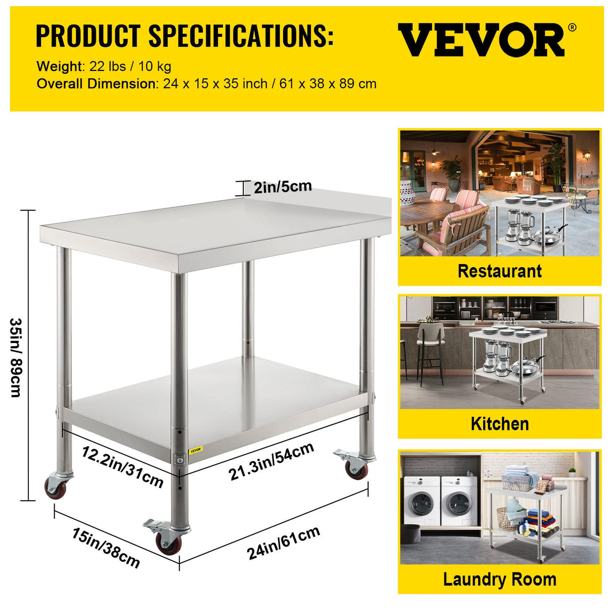VEVOR Stainless Steel Prep Table, 24 x 15 x 35 Inch, 440lbs Load Capacity Heavy Duty Metal Worktable with Backsplash Adjustable Undershelf & 4 Casters, Commercial Workstation for Kitchen Restaurant VEVOR