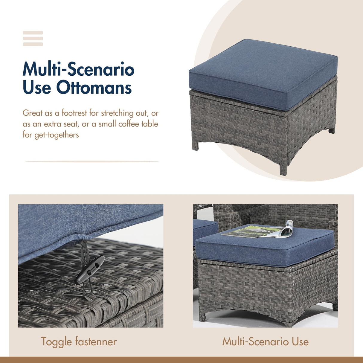 SUNSITT Outdoor Furniture Set with Fire Pit Table Wicker Patio Conversation Set 6-Piece Patio Sectional Furniture Set with Gas Firepit Grey Wicker & Denim Blue Cushion for Garden, Porch, Backyard SUNSITT