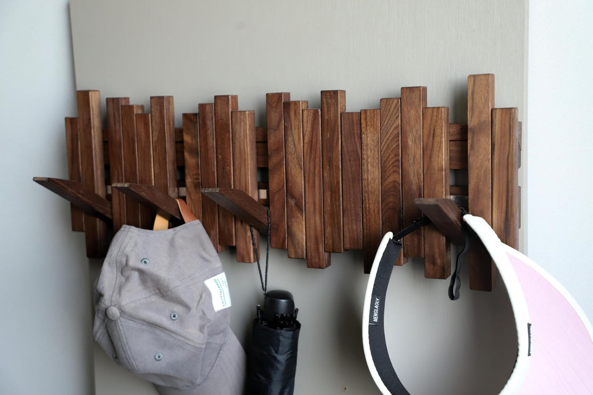 GOGREEBELL Natural Wood Wall Mounted Piano Coat Rack| Coat Rack Wall Mount| Flip Down Wall Hook Rack 5 Hooks| Entryway Wall Storage with Hooks,Made of Black Walnut.Wall Art GOGREEBELL