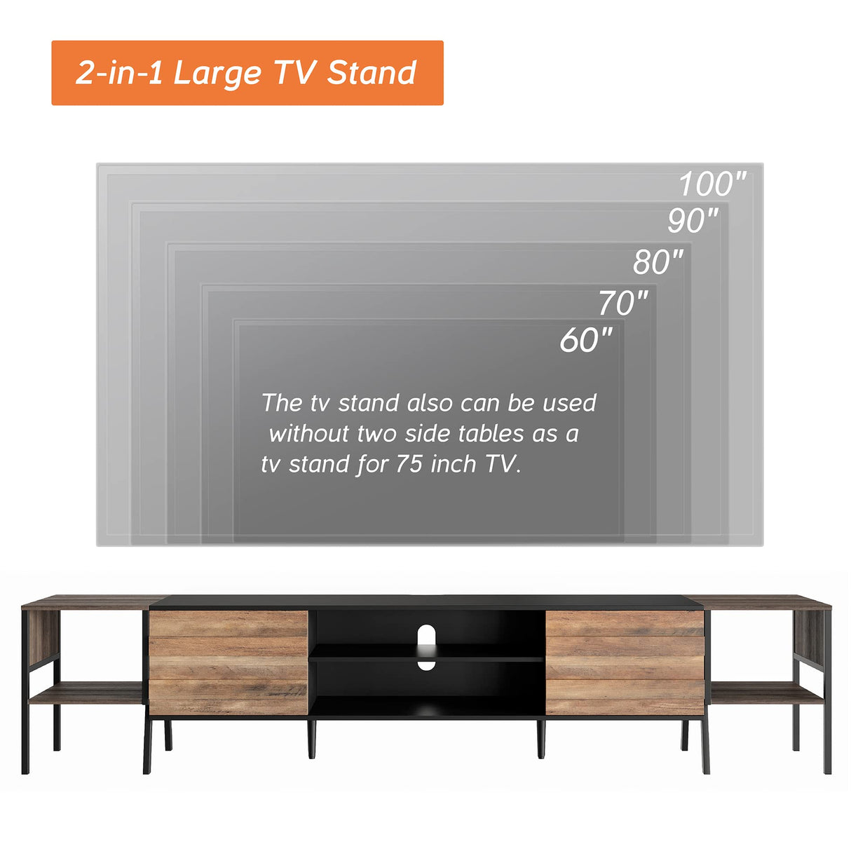WAMPAT Mid-Century TV Stand for 90 Inch TV, Wood Entertainment Center for 75-105 Inch TV, TV Console Table with Storage Cabinet & Metal Leg, Television Stands for Living Room, Black & Brown, 100 Inch WAMPAT