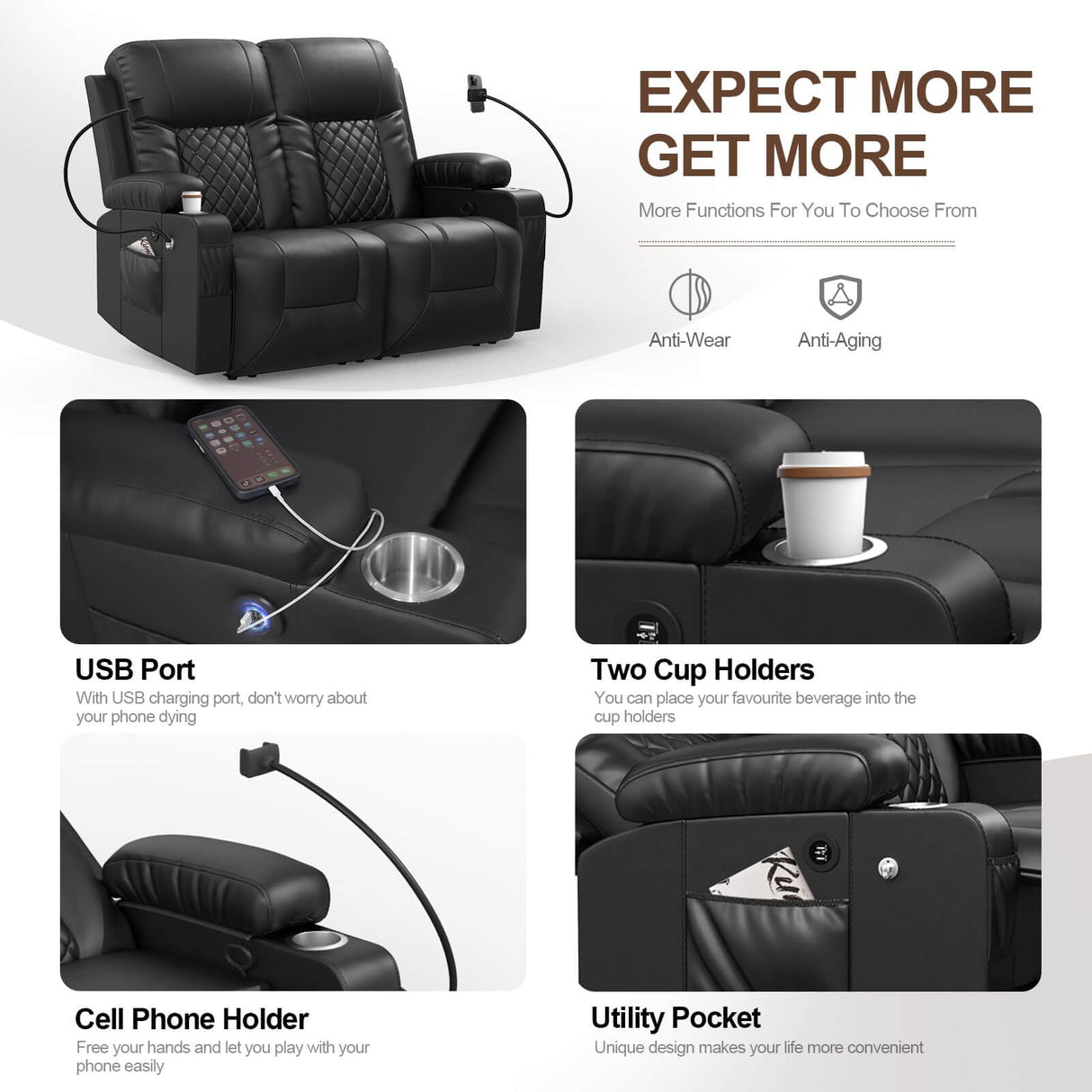 FURNIMAT Loveseat Recliner Sofa, 2 Seater Reclining Loveseat Sofa, PU Leather Recliner Loveseat Couch, Modern Recliner Chair for Living Room, with Cup Holder and 2 Cell Phone Holder, USB Ports, Black FURNIMAT